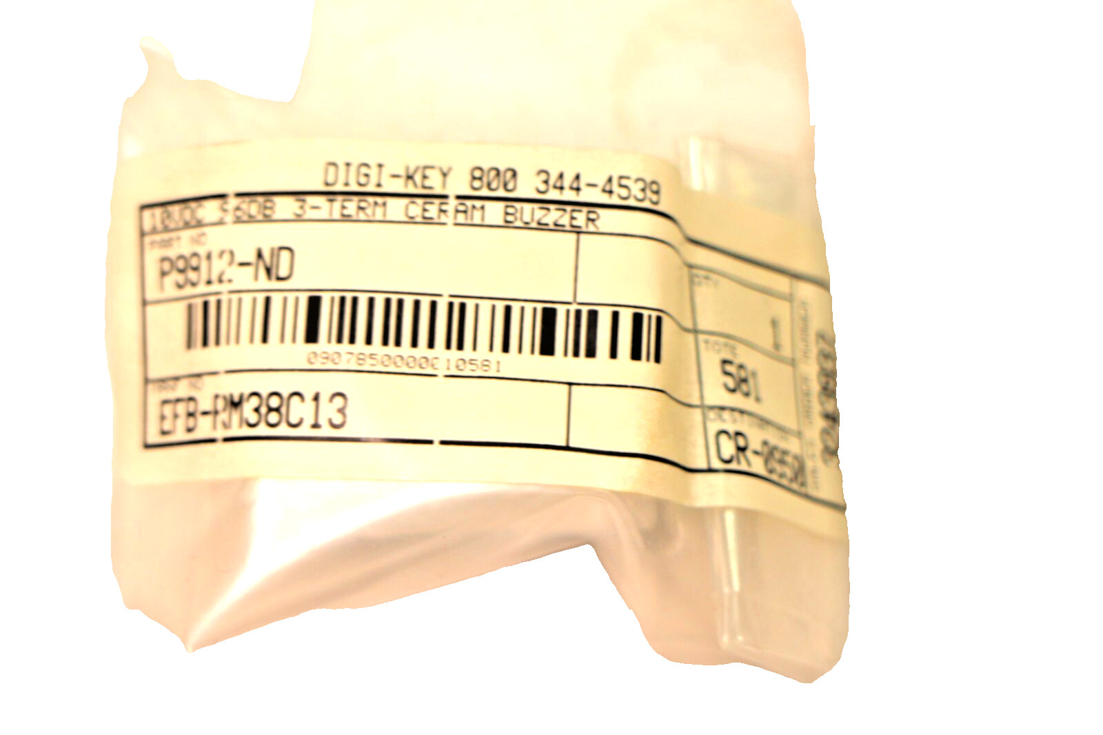 Digi-Key 10VDC 96DB 3 term Ceram Buzzer EFB-RM38C13 P9912-ND