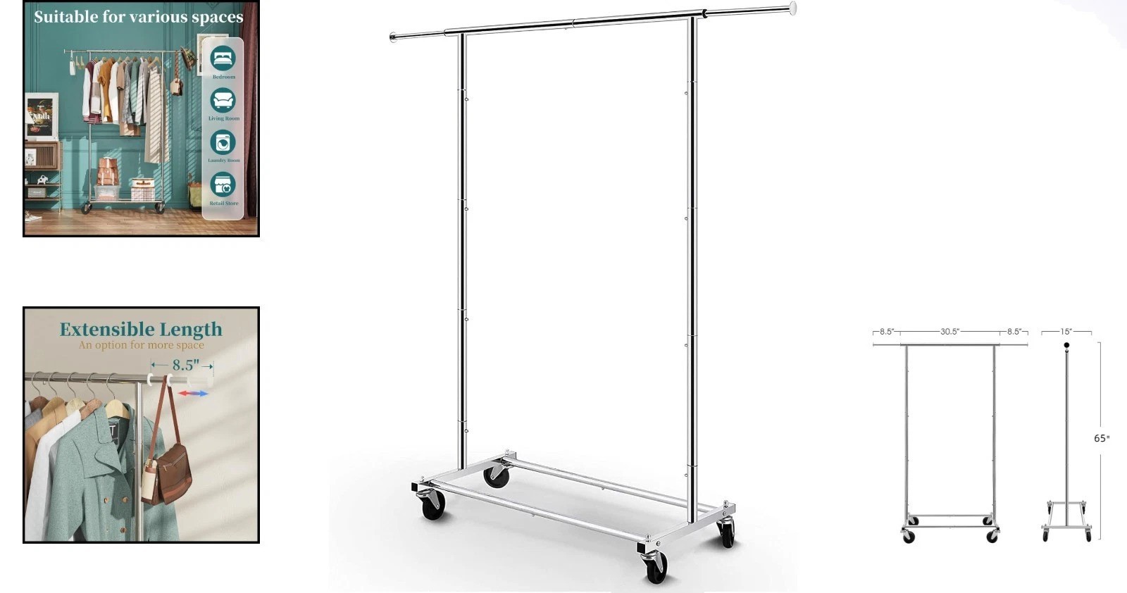 Versatile 65” Chrome Garment Rack – Durable Rolling Organizer for Any Room