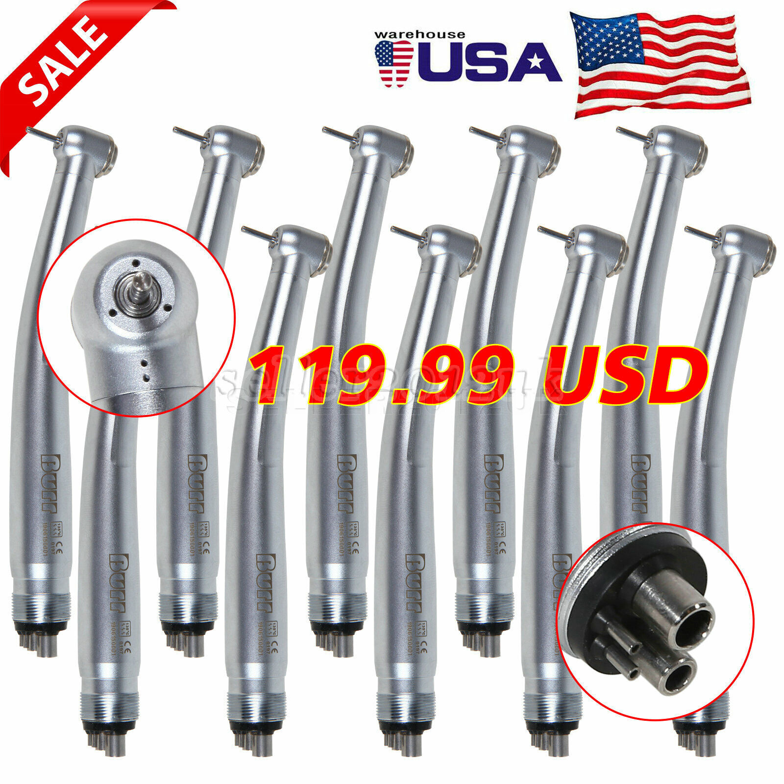 10 Pcs BURR NSK PANA MAX Style Dental High Speed Turbine Handpiece 4Hole U3BM