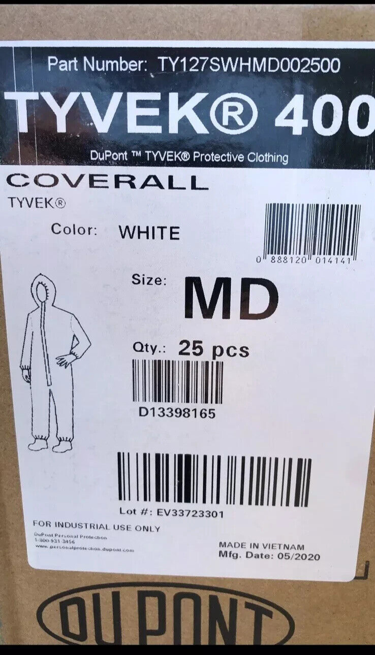 Medium- Dupont TY127S 400 Tyvek Disposable Coverall Protective W/Hood Case OF 25