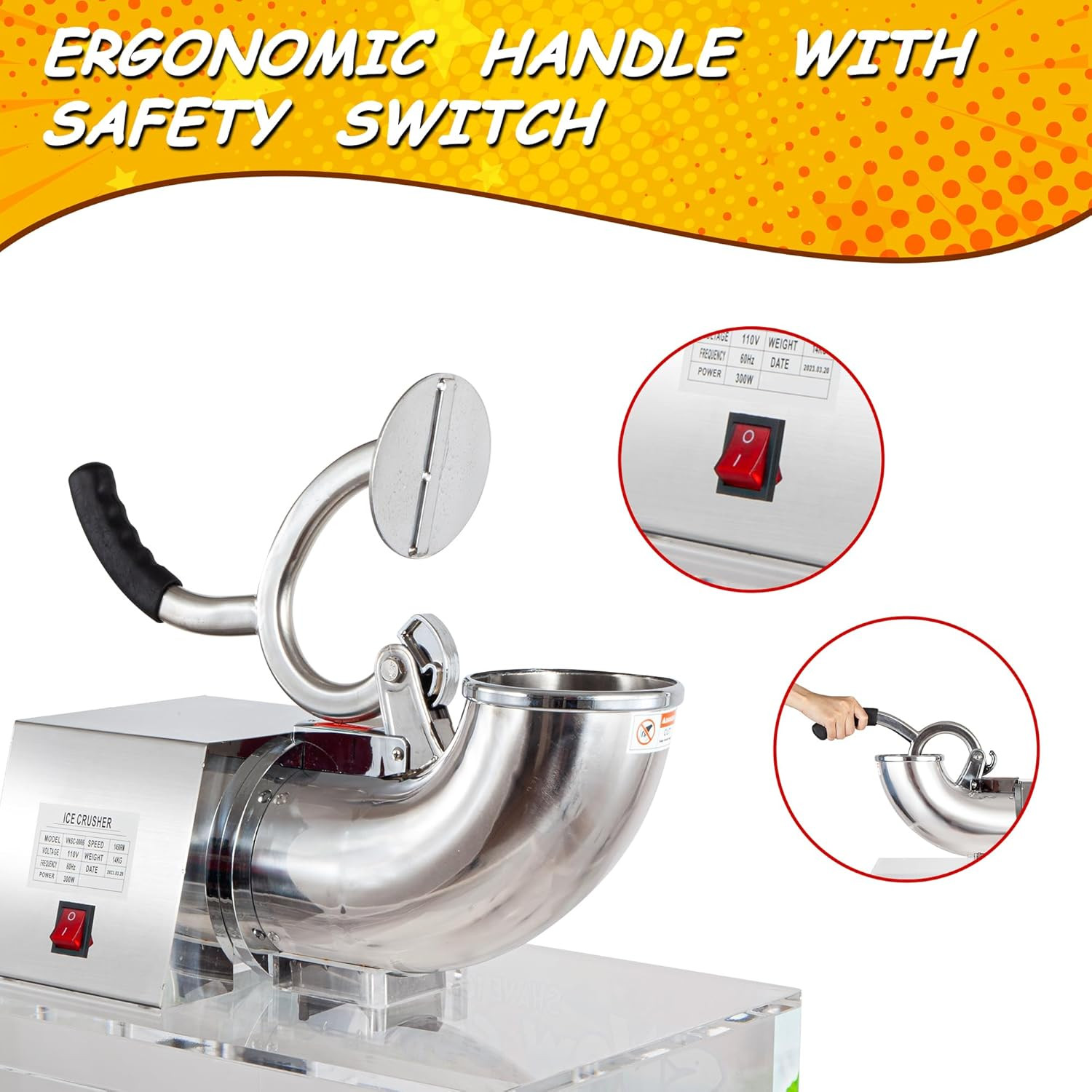 48L Snow Cone Machine, 500LB/H Commercial Shaved Ice Machine, 300W Electric Ice