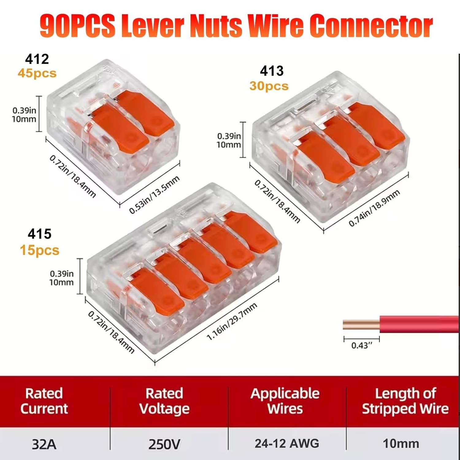 90Pcs For Wago 221 Lever Nuts Compact Splicing Wire Connectors – 2/3/5 Terminal