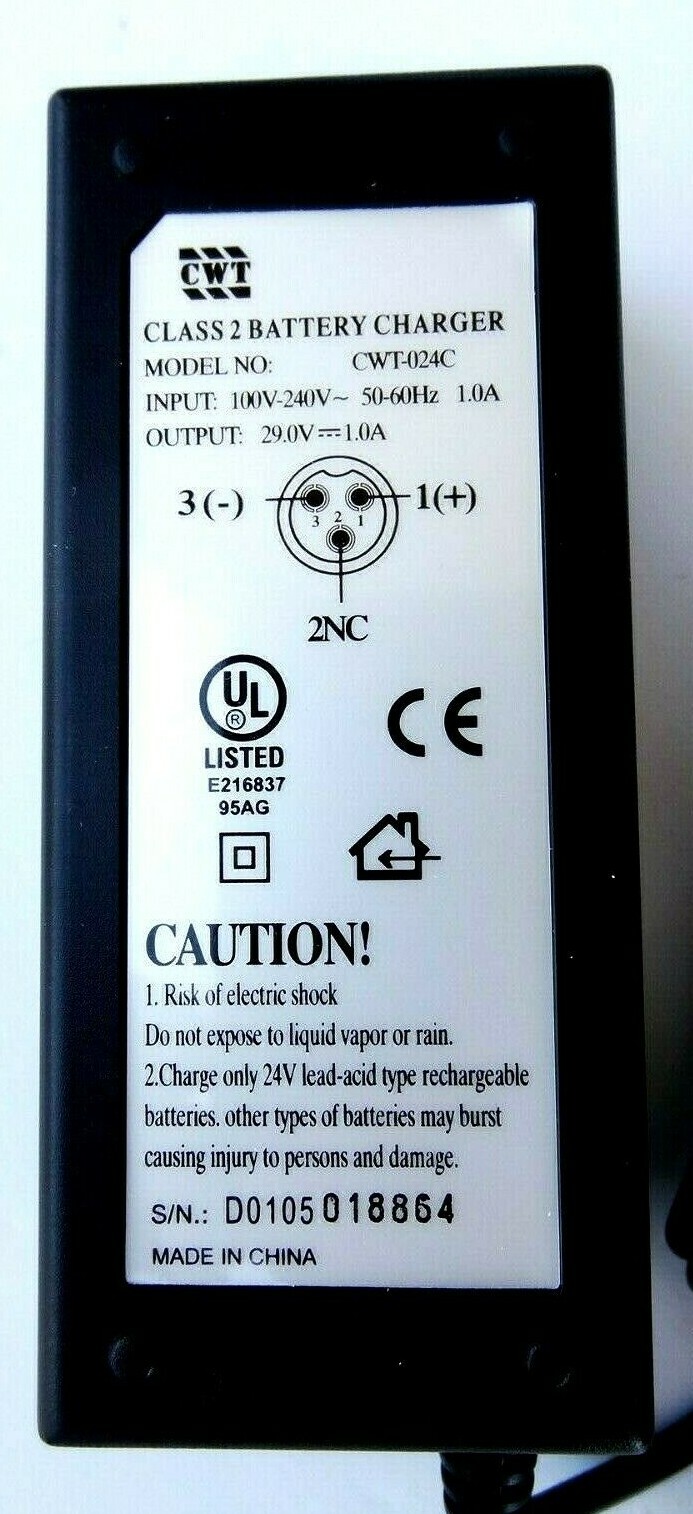 CWT Class 2 Battery Charger In 100V-240V 50-60Hz Out 29 V 1.0A 3-Prong Inline