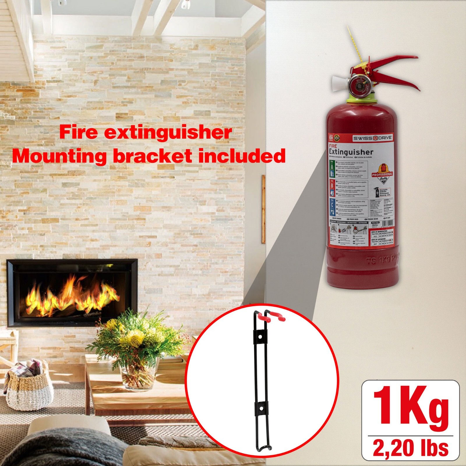 Fire Extinguisher Rechargeable Home Kitchen Car 1 Kg 2.2 lbs Portable ABC Class