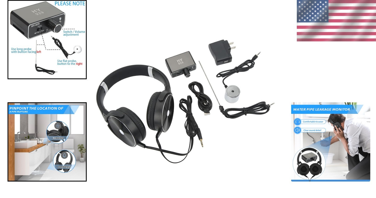 Precision Water Leak Detector with Dual Probes & High-Definition Audio Earphones