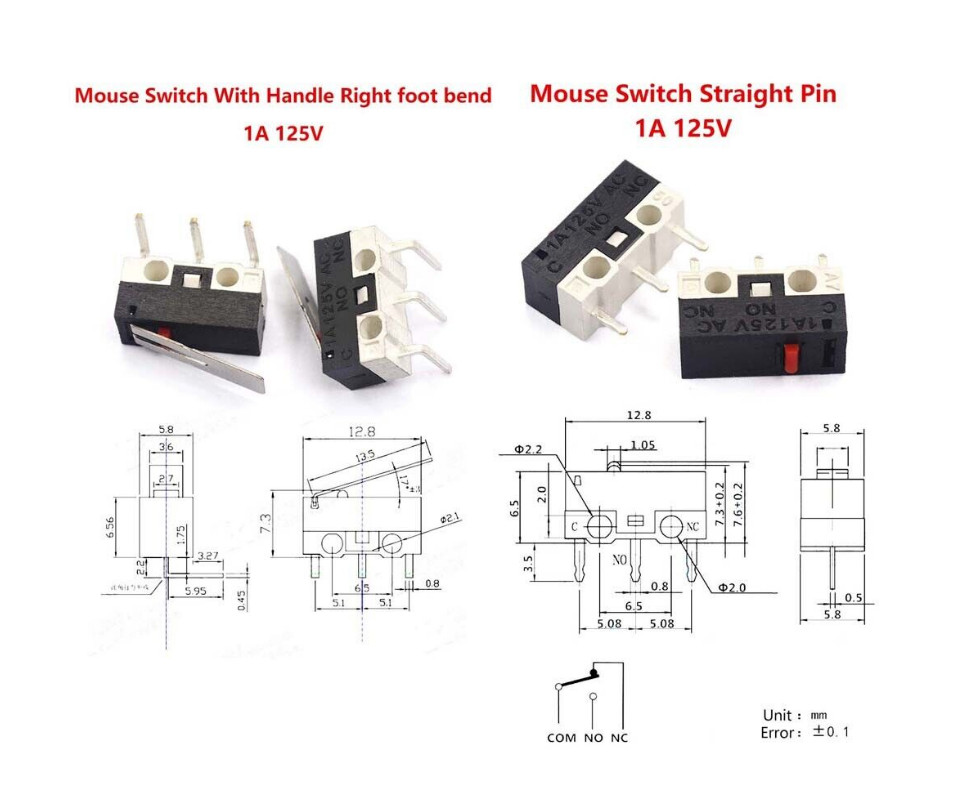 Mini Microswitch 3 Pin 1A 125V AC Limit Switch Mouse Button or Lever 3D Print