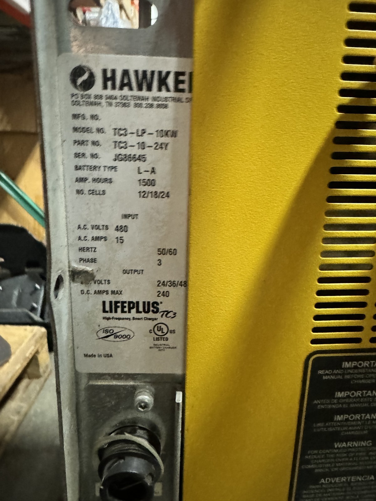 Hawker LifePlus – #TC3-LP-10KW Forklift Smart Charger