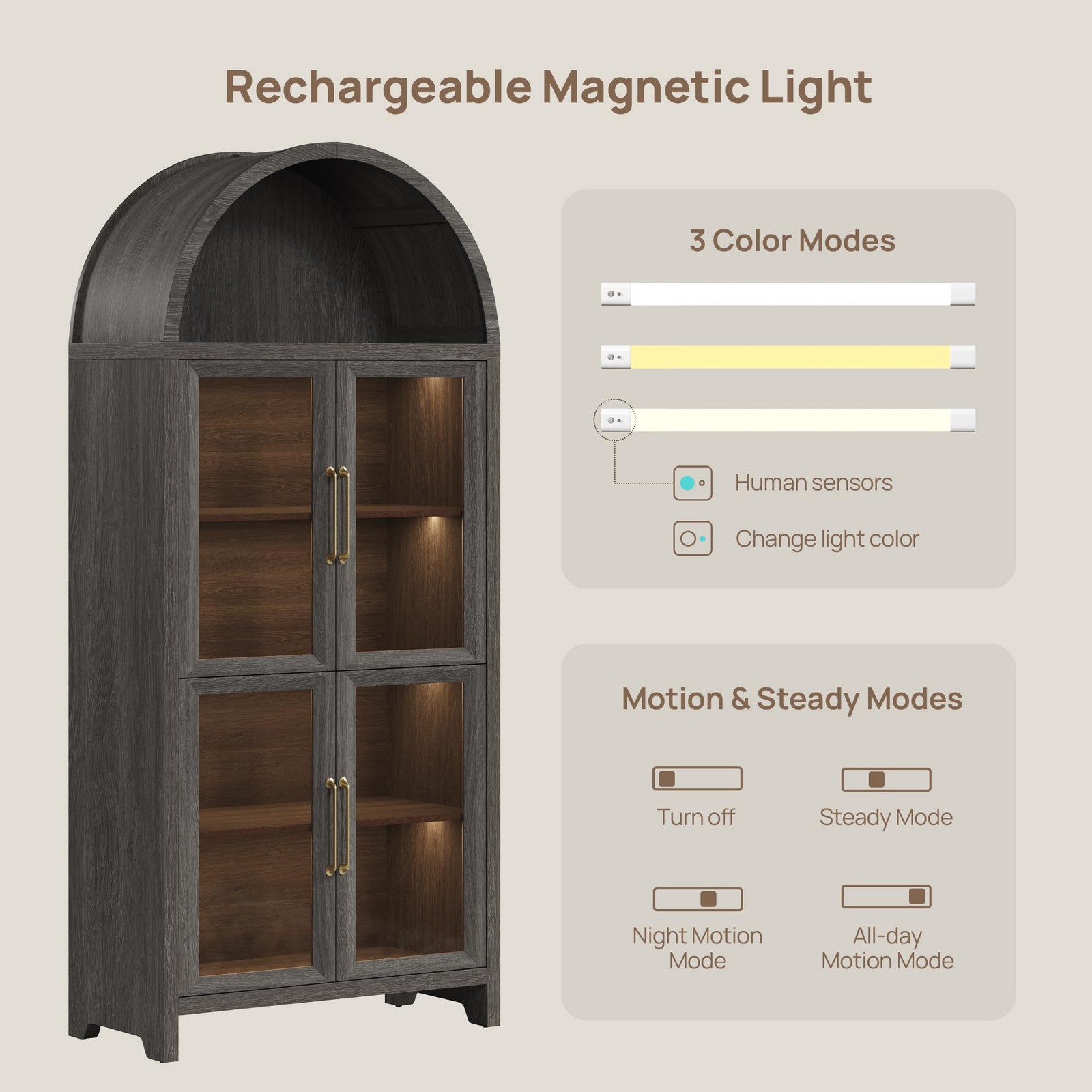 74 Arched Bookcase Glass Door 5-Tier w/LED Motion Sensor Dark Grey Oak 2PC