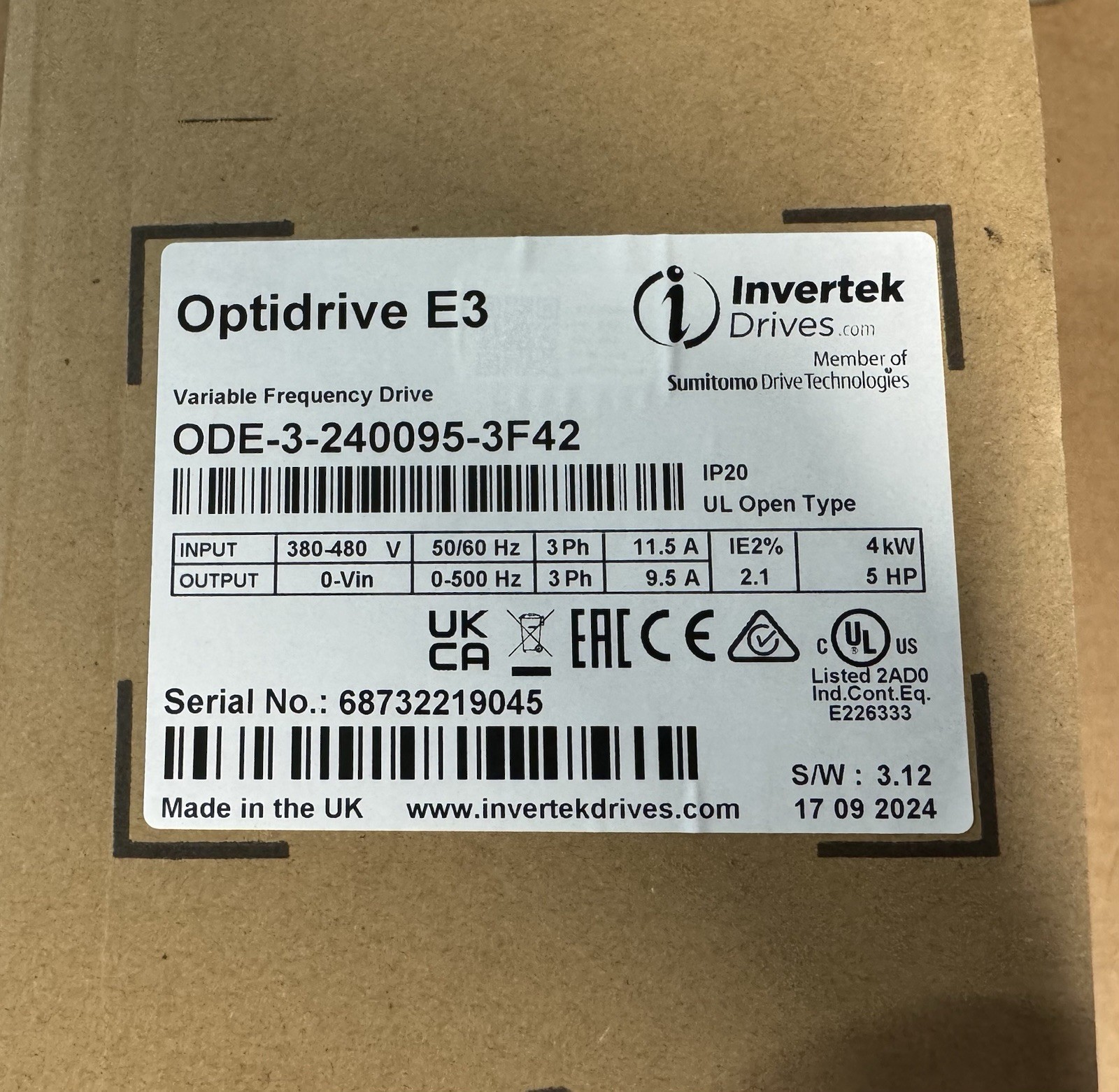 ODE-3-240095-3F42 – Invertek OptiDrive E3 – 5.0 HP VFD