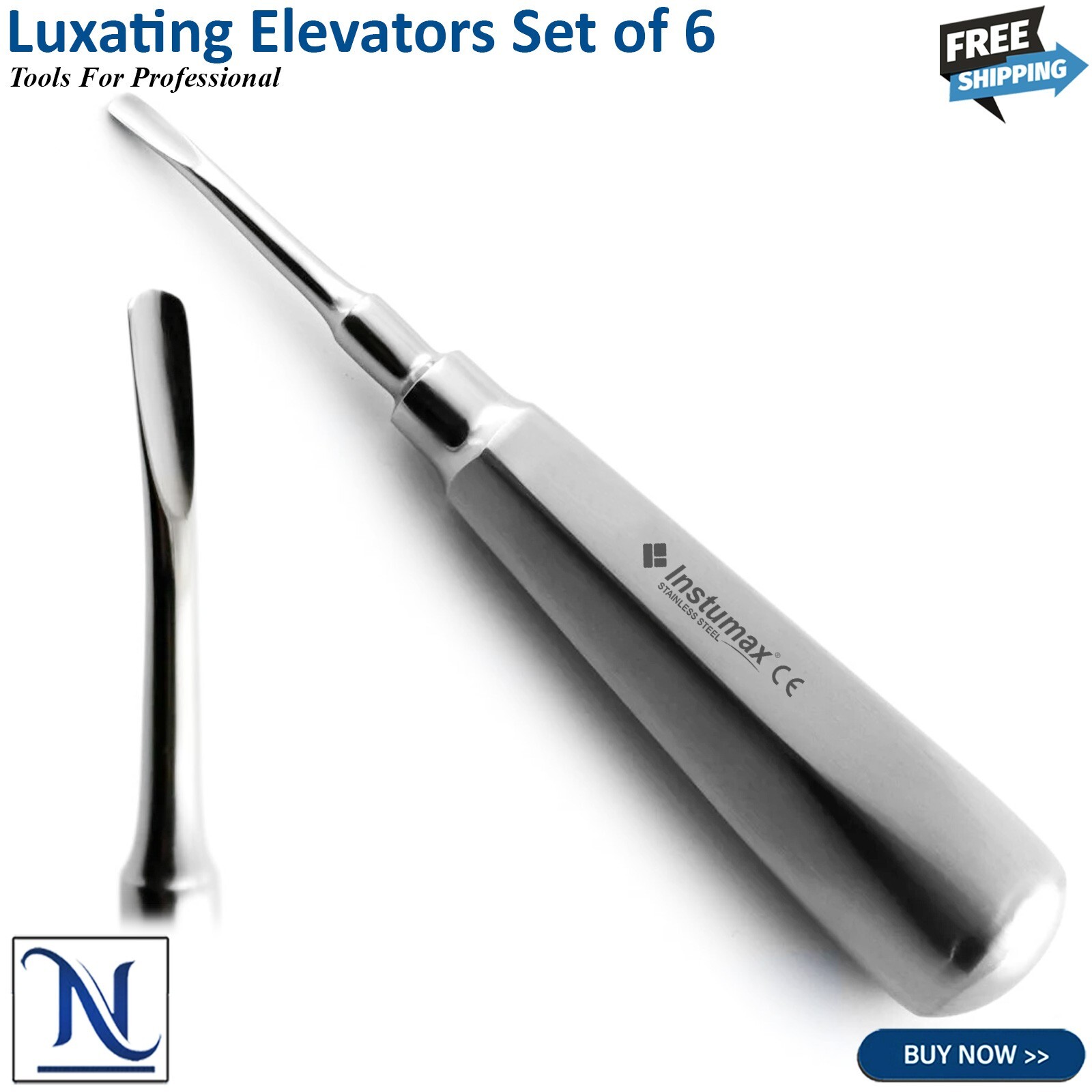 Set Of 6 Dental Luxating Elevators Straight Curved Shank Surgical Extraction Kit