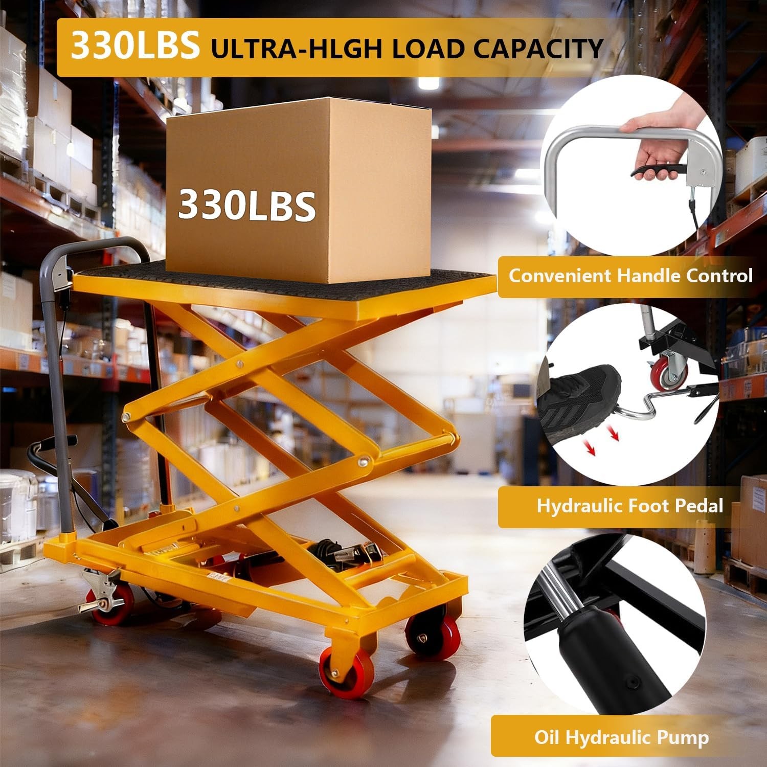 Manual Double Scissor Lift Table Hydraulic Lift Cart 330Lbs 50 Inch Lifting