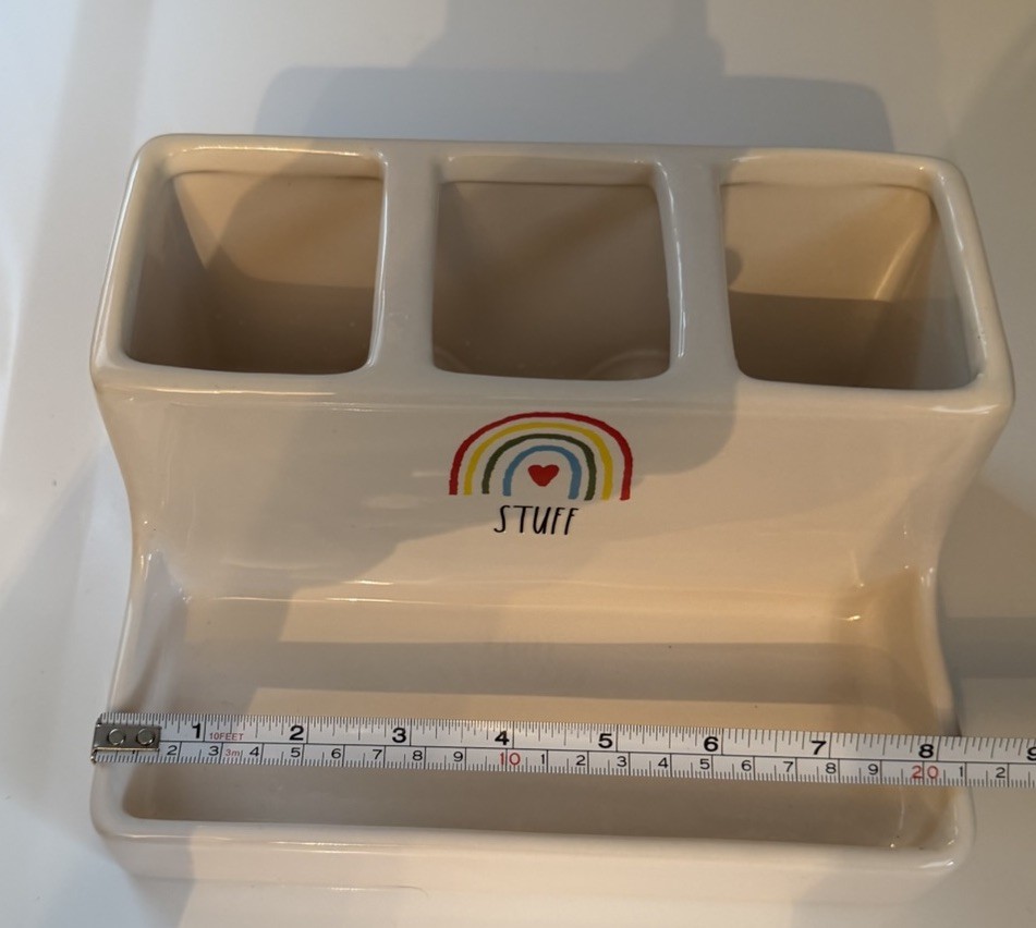 Rae Dunn *STUFF* White Ceramic Organizer, Stationary Or Makeup Brushes, 8.25”