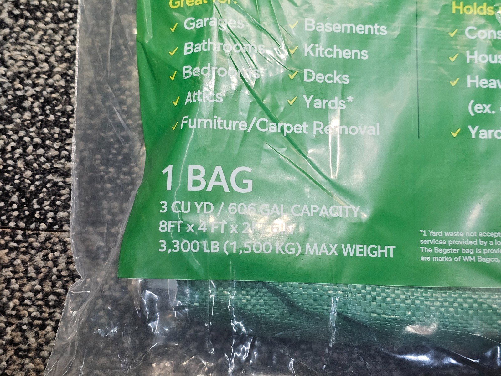Bagster 3CUYD Trash Container Bag With a Capacity Of Up to 3,300 Pounds, Green