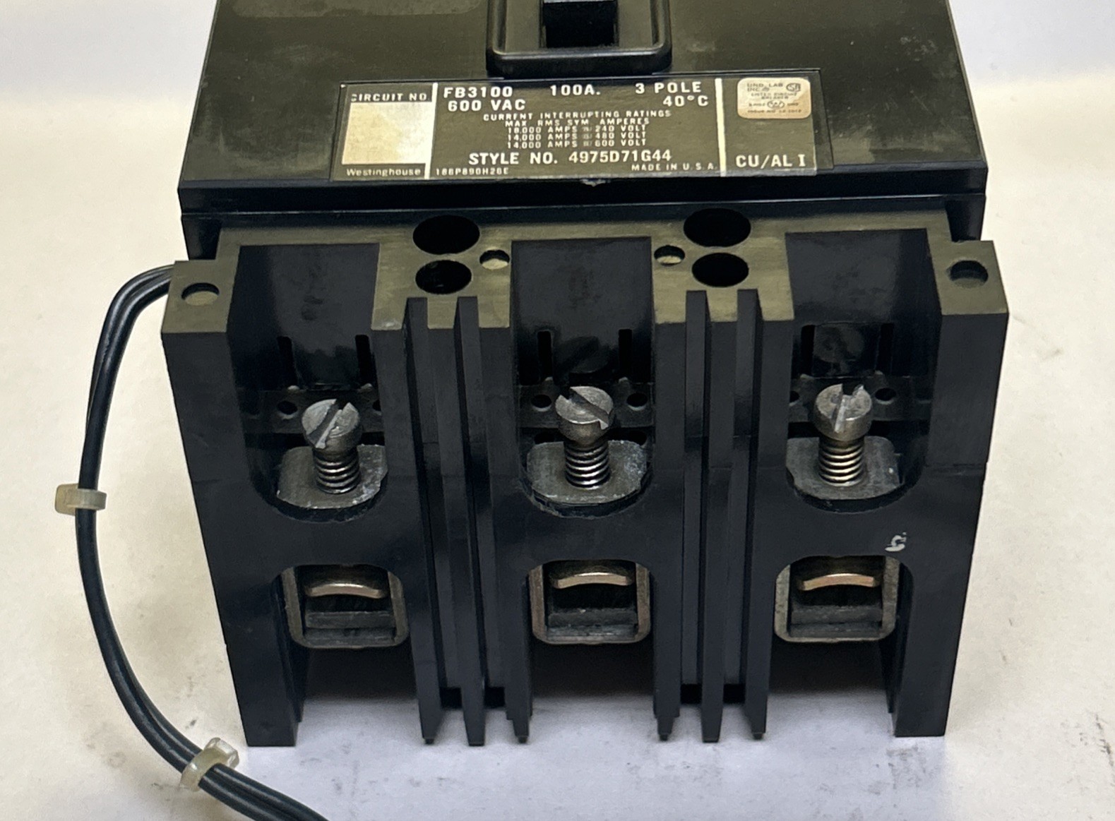 WESTINGHOUSE,FB3100,CIRCUIT BREAKER 100A 600V 3P