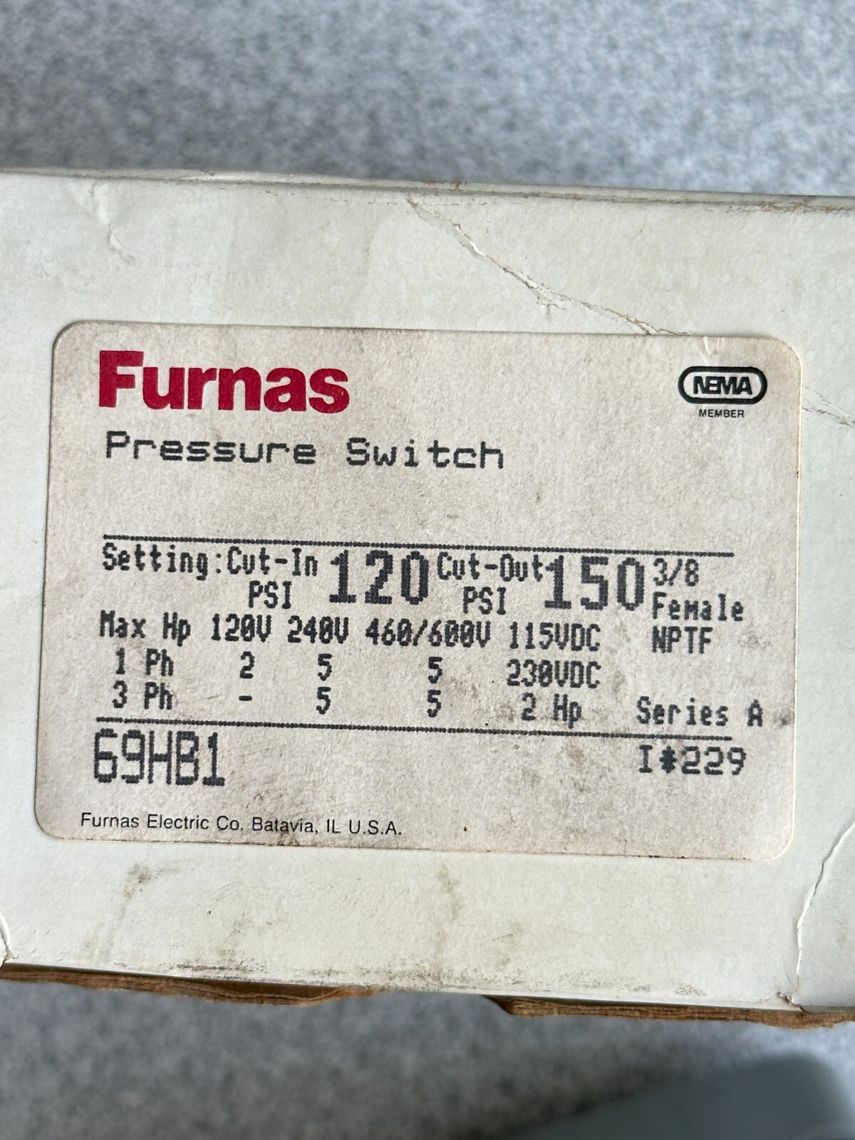 NEW Furnas 69HB1 Pressure Switch 3/8in 120psi-150psi 120/240/480/600V-AC