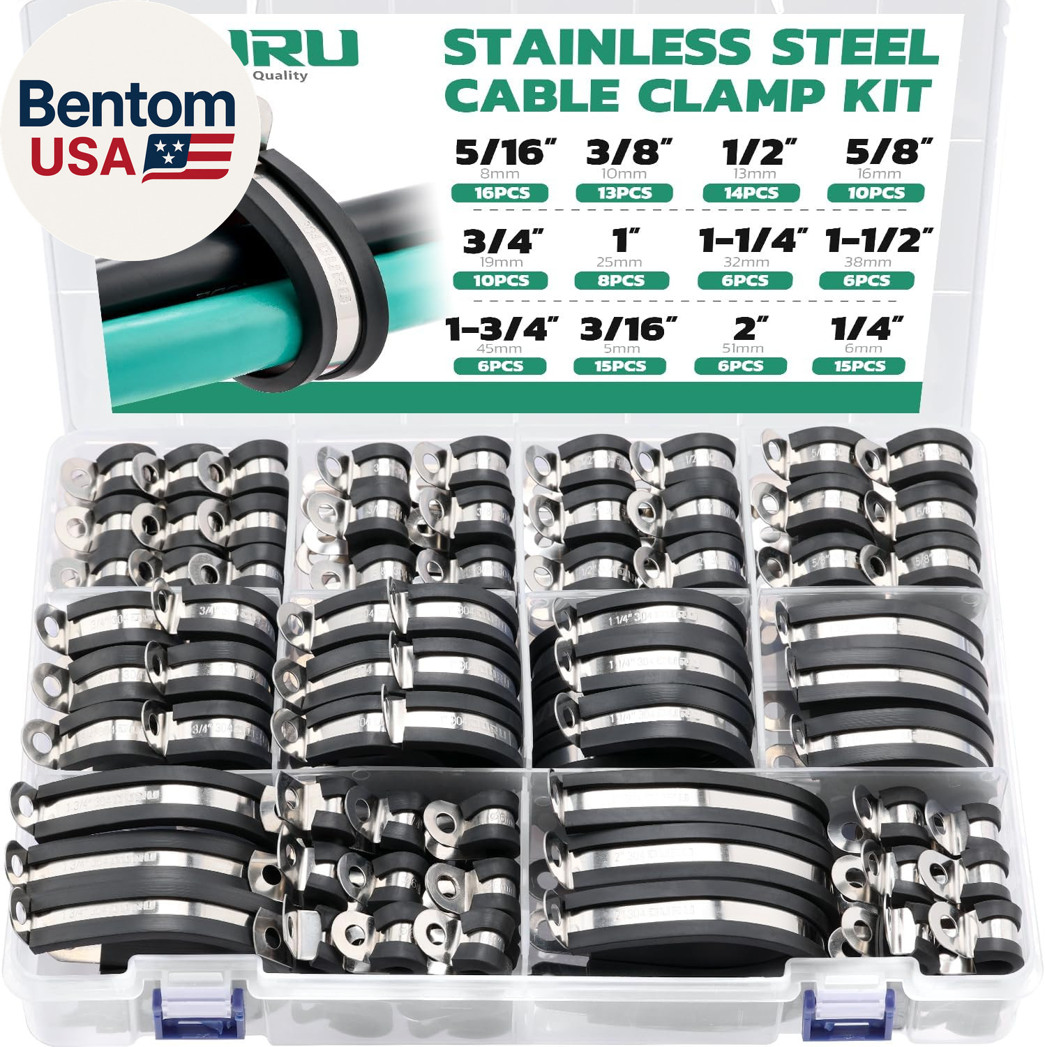 125PCS Cable Clamp,12 Sizes Stainless Steel Rubber Coated Cushioned Insulated Ca