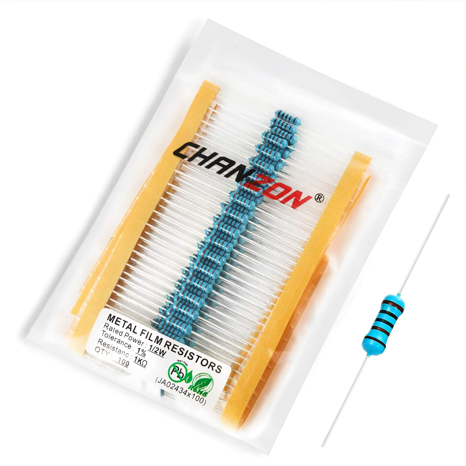 100Pcs 1/2W (0.5W) 1K Ω Ohm Metal Film Fixed Resistor 0.01 ±1% Tolerance 1KR MF
