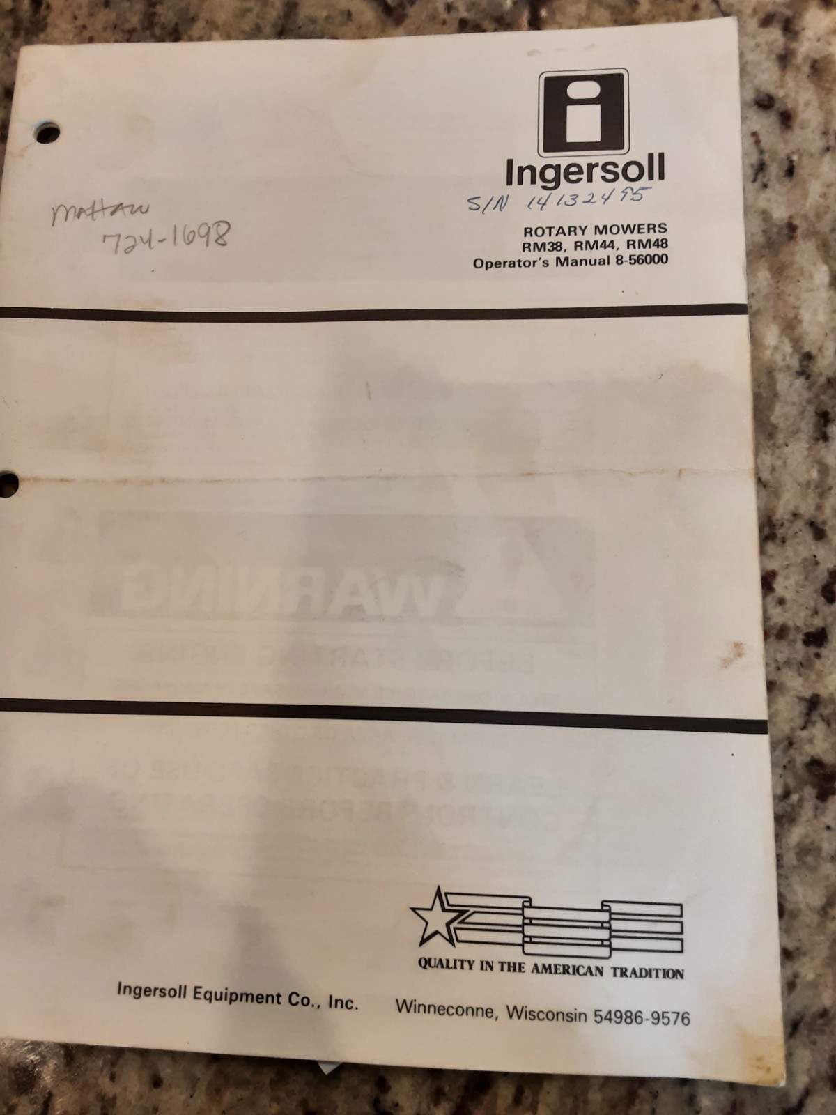 ingersoll rotary mowers operator manual rm38,rm44,rm48.