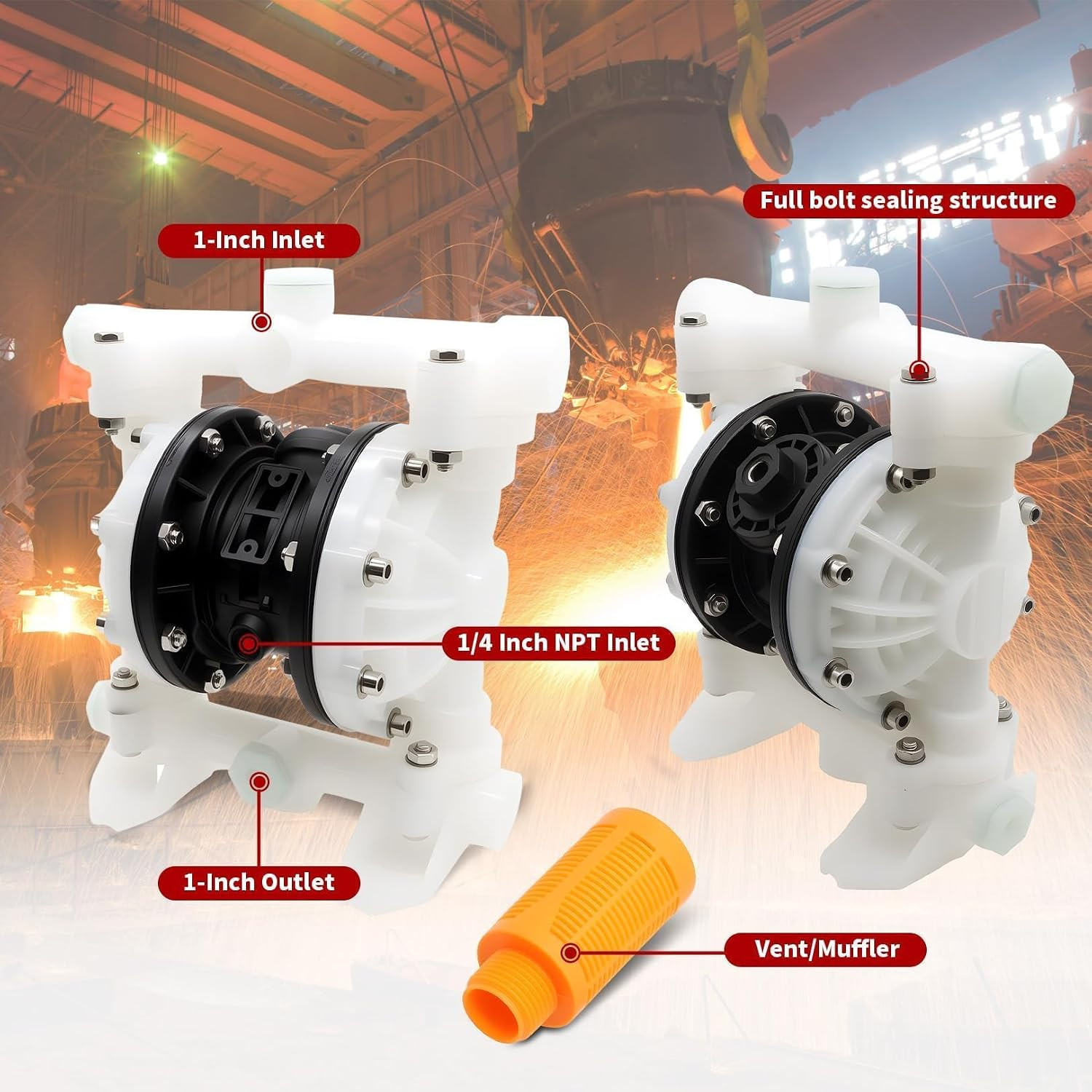 Pneumatic Double Diaphragm Pump PTFE 22GPM Max 120PSI 1″ In/Out | Used to Transp