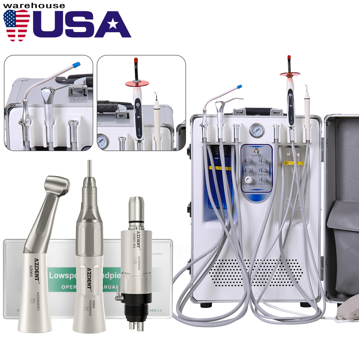 Portable Dental Mobile Delivery Unit Cart Air Compressor+Low Speed Handpiece Kit