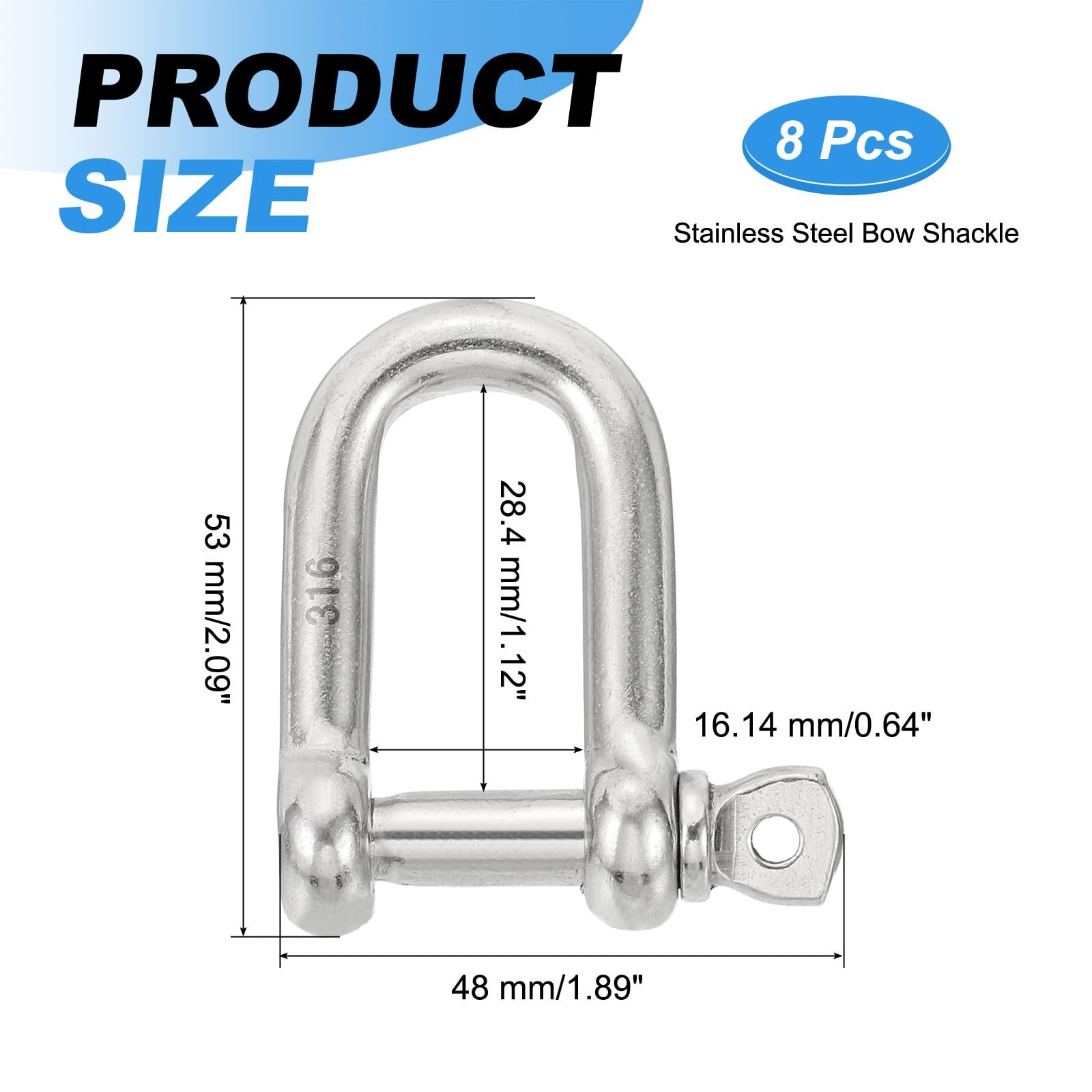 5/16″(7.74mm) 882lb 316 Stainless Steel D Shackle, 8Pcs Heavy Duty Screw Pin …