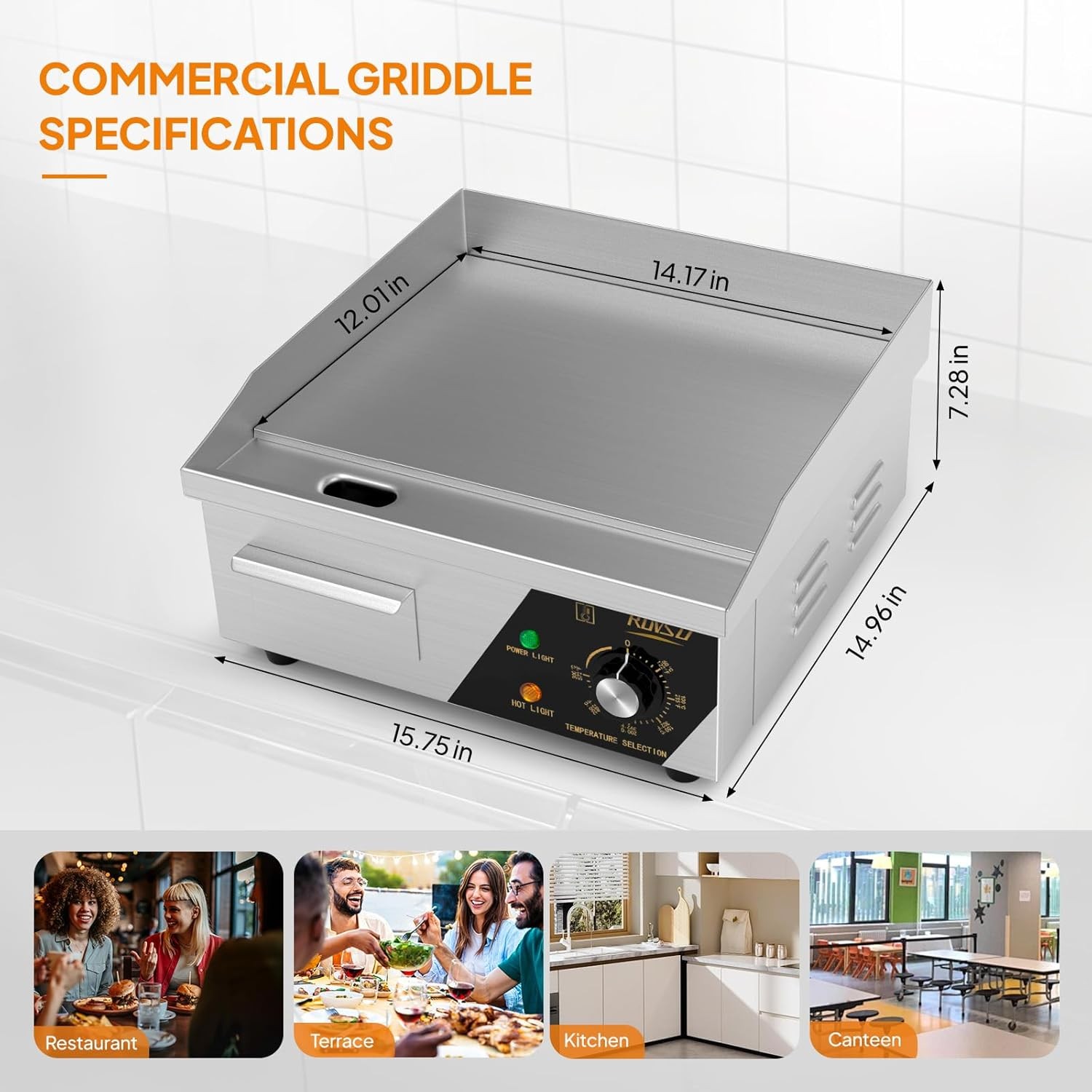 Commercial Electric Griddle, 14″ Countertop Flat Top Grill,122℉-572 ℉ Adjustable