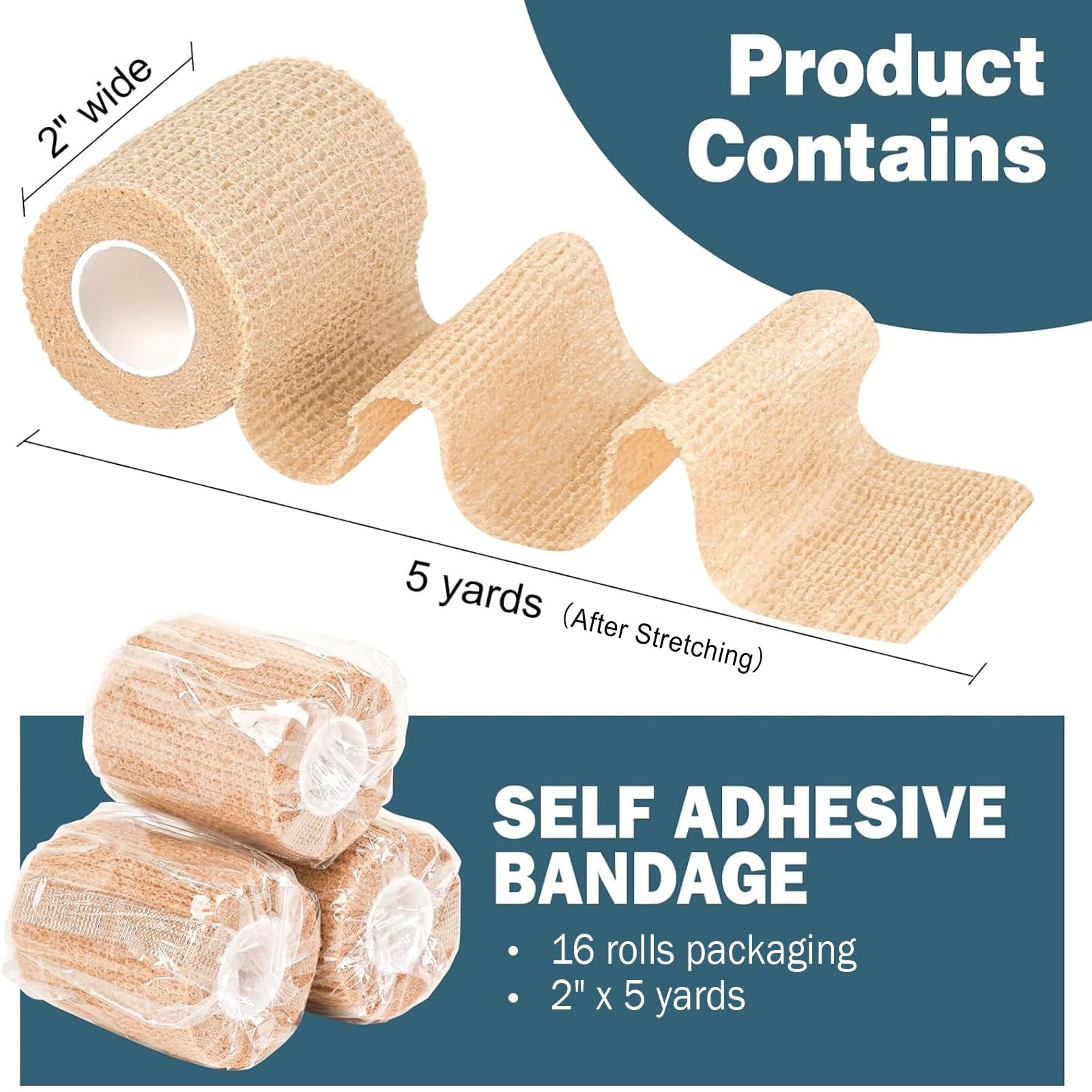 AZEN 16 Pack Self Adhesive Bandage Wrap, 2″ X 5 Yards Elastic 2 Inch, Beige
