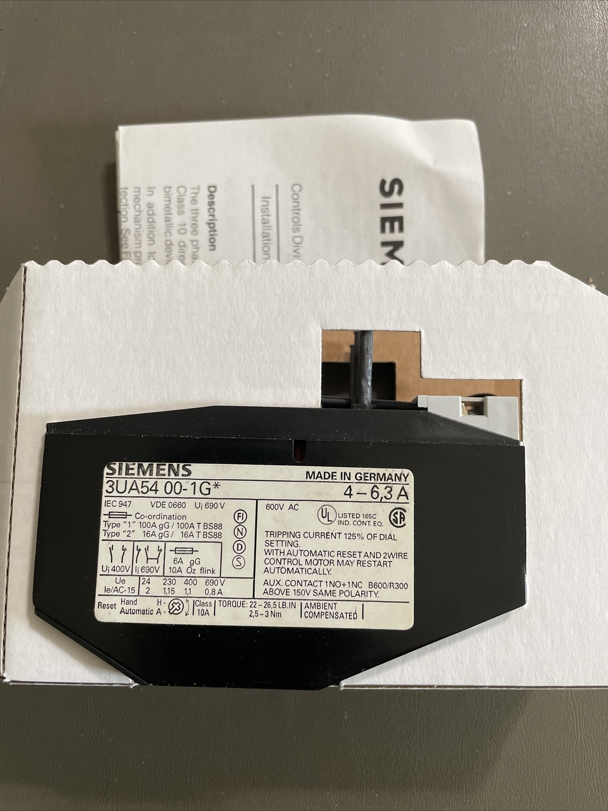 SIEMENS 3UA54 00-1G SOLID STATE OVERLOAD RELAY 4-6.3AMP ON/OFF INDICATOR 1NO/1NC