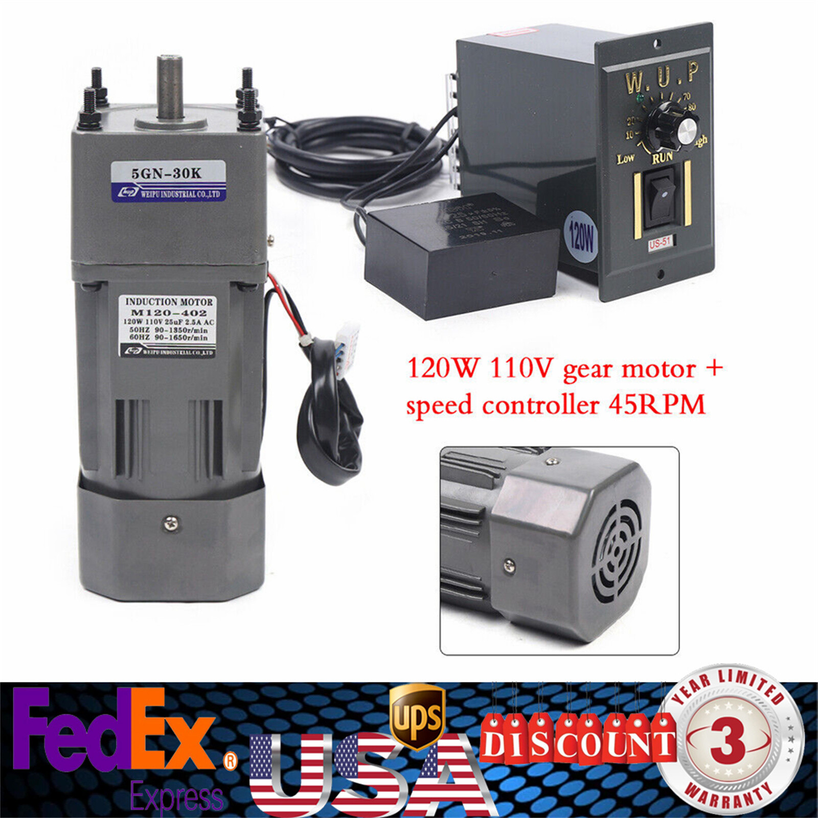 110V 120W AC Gear Motor Electric Variable Speed Controller Torque 1:30 0-45RPM