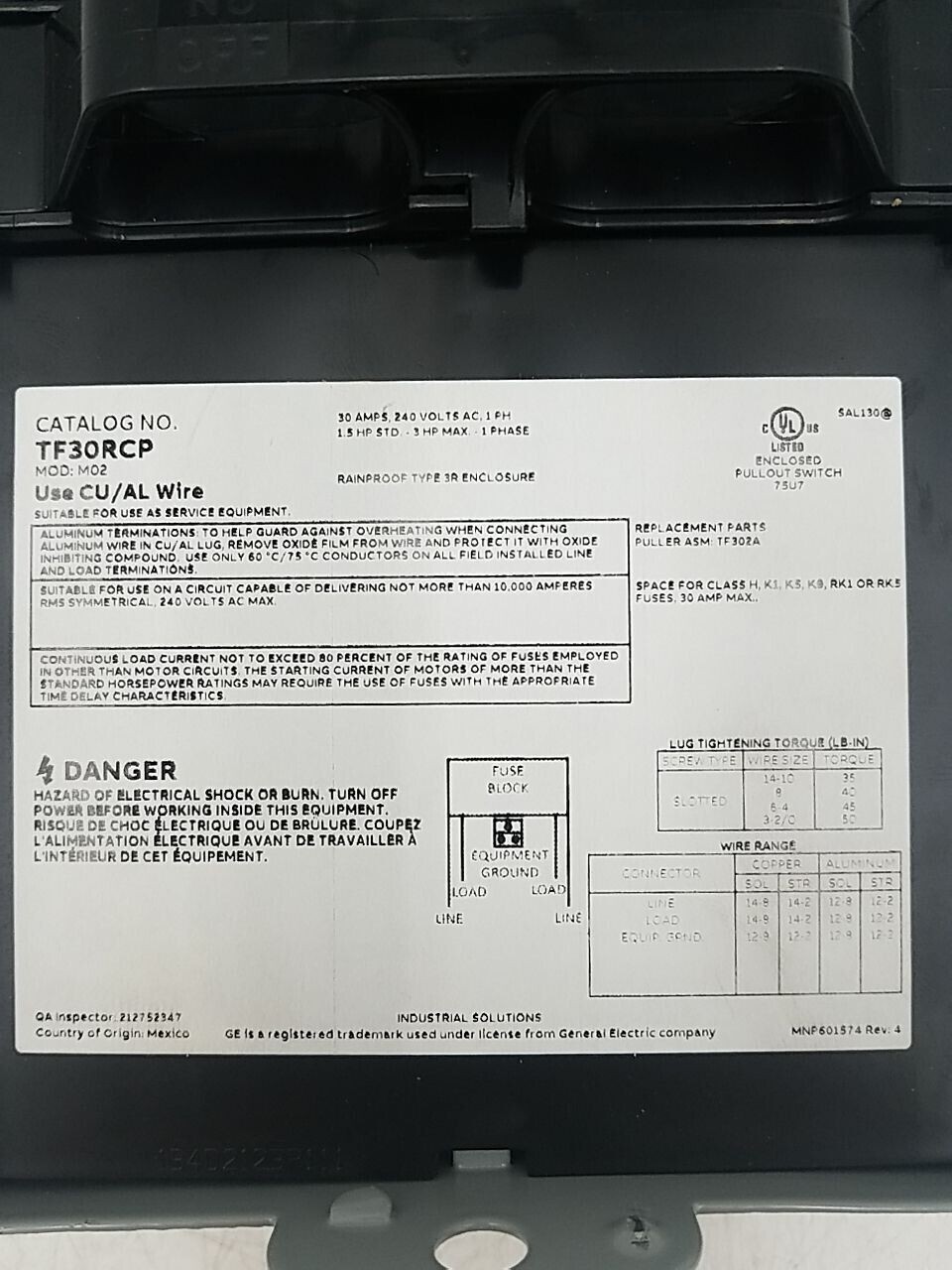 GE TF30RCP Safety Disconnect Switch 30A 240V Rainproof Surface Mount