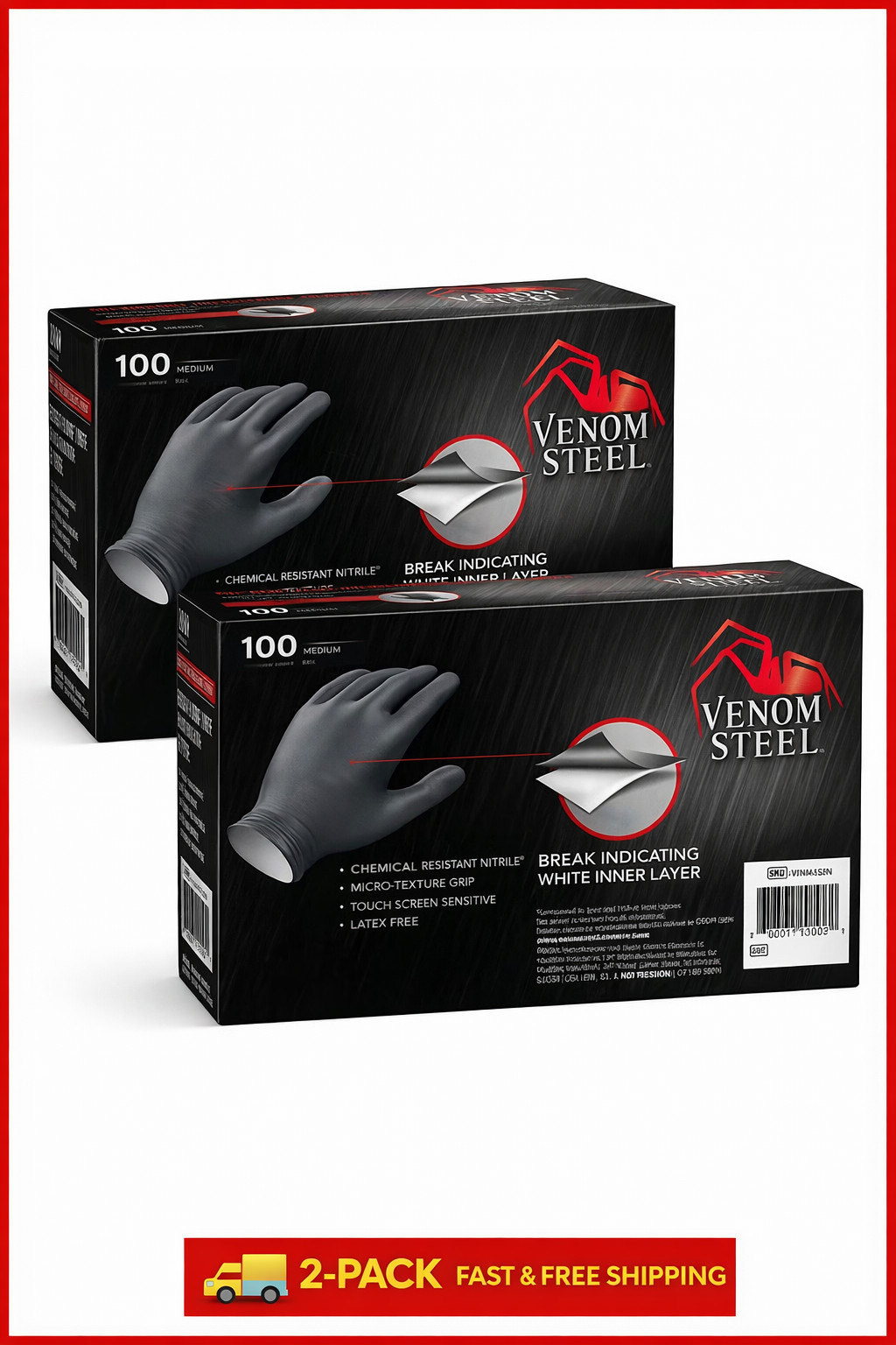 2 Pack VENOM STEEL Nitrile Gloves Rip Resistant Size Fits Most 100 CT