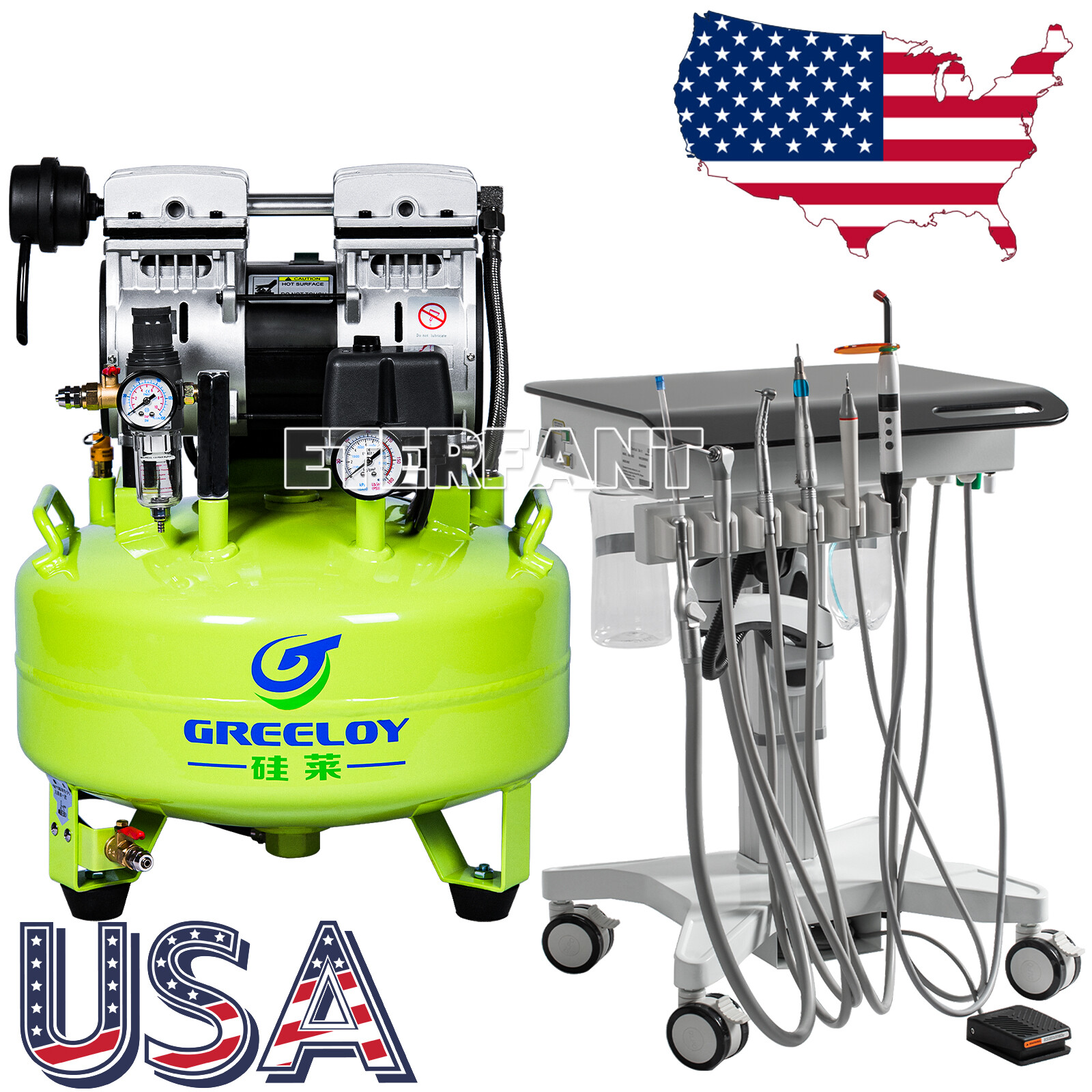 Dental Delivery Cart Adjustable Treatment Unit 4Hole/40L Oil-Free Air Compressor