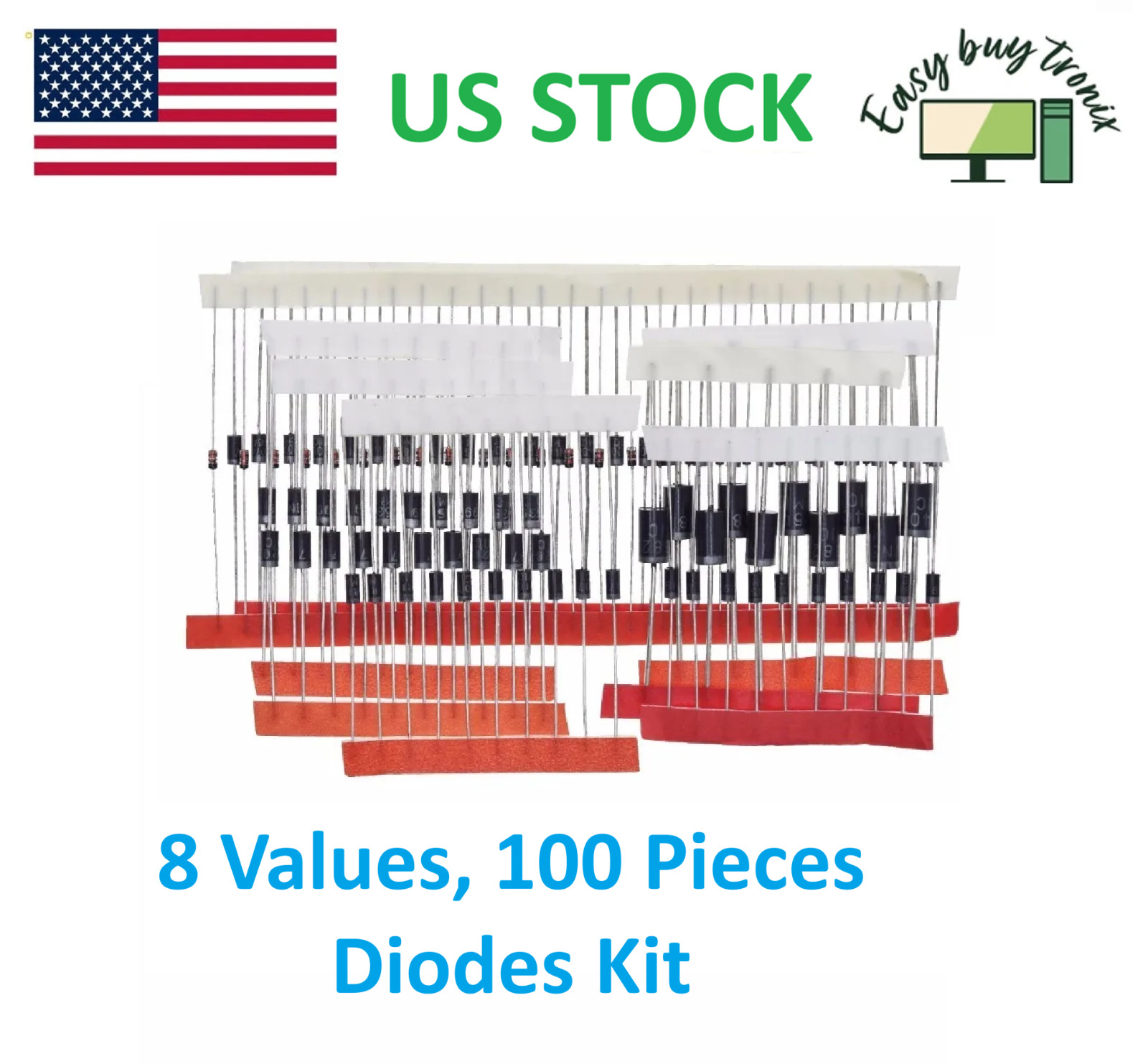 100pcs 1N4148 1N4007 1N5819 1N5399 1N5408 1N5822 FR107 FR207 Diode Assorted Kit