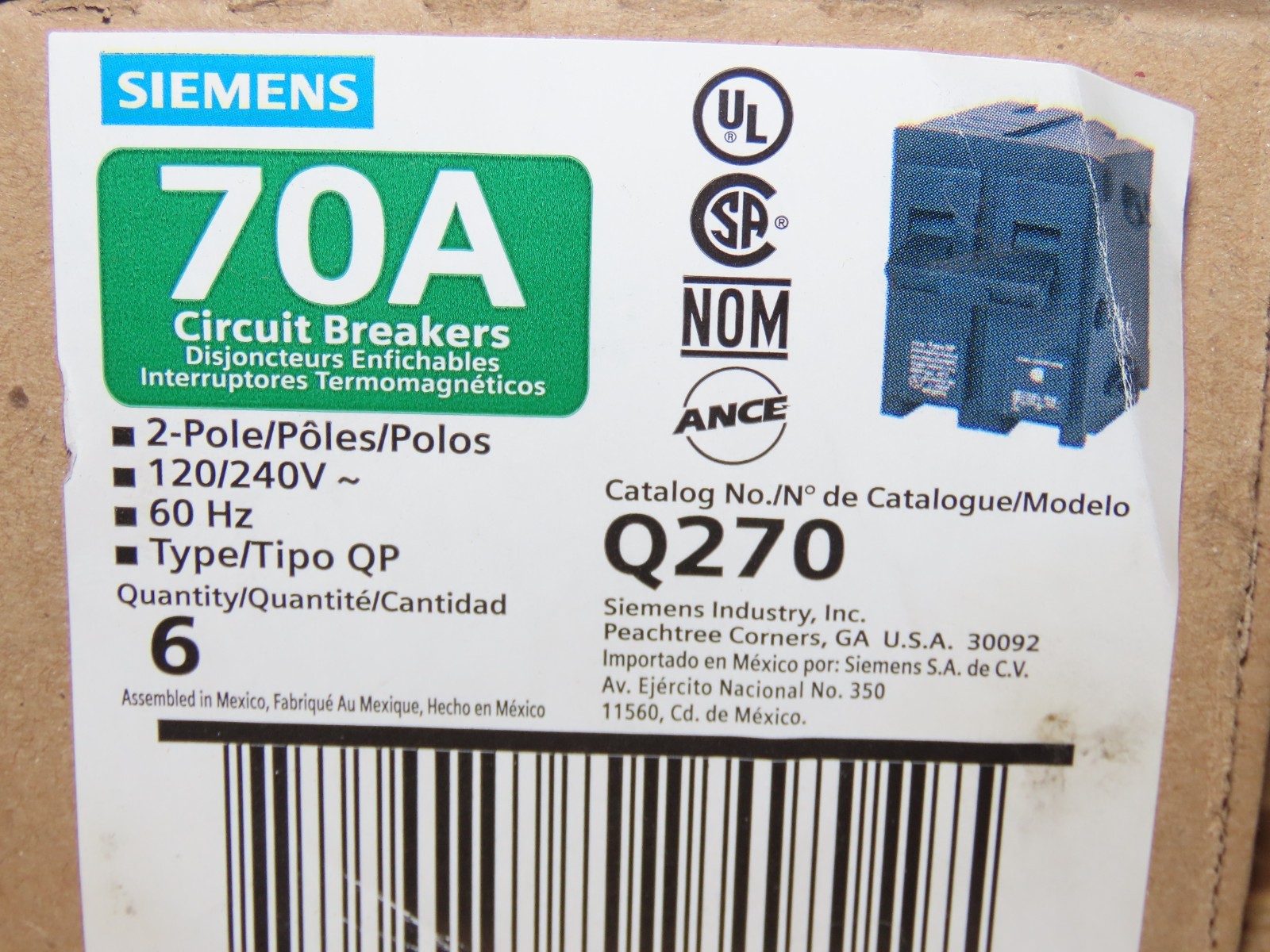 SIEMENS Q270 2 POLE CIRCUIT BREAKER 70Amp 120/240V (Pack of 1)