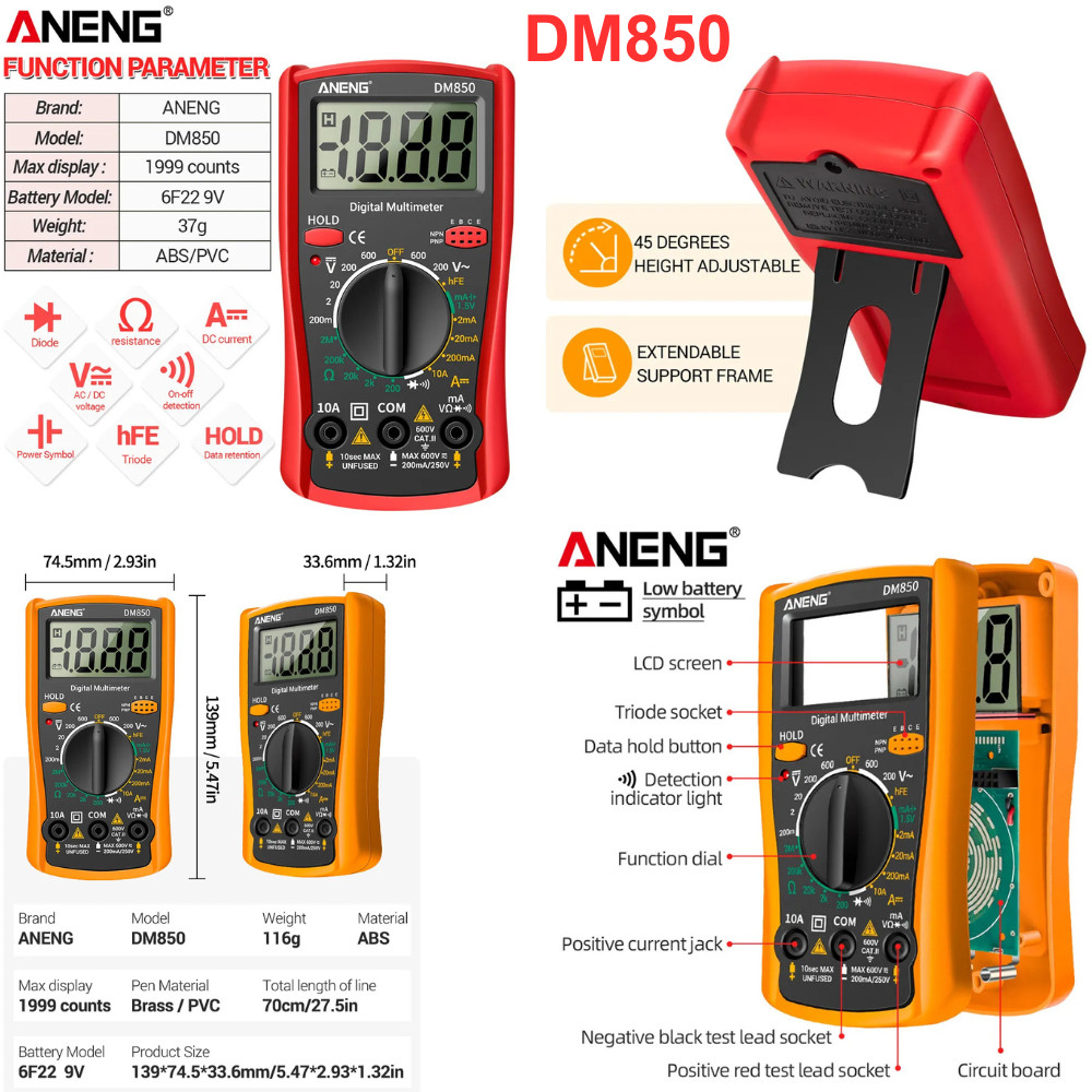 LCD Digital Multimeter Voltmeter Ammeter Ohmmeter Volt AC DC Tester Leads Meter