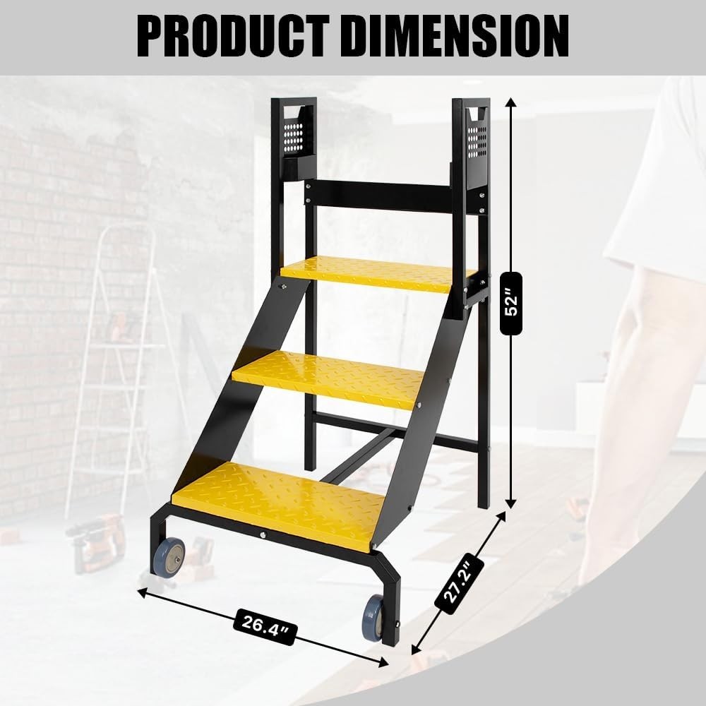 3 Step Industrial Ladder with Handrails, Warehouse Floor Standing Rolling Stairs