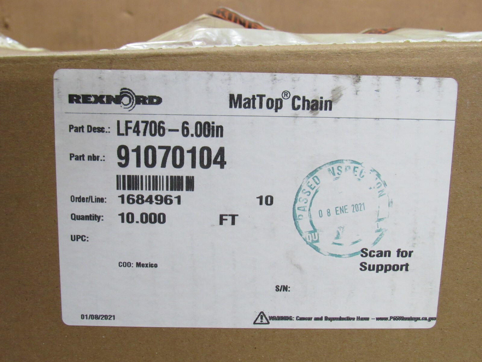 NEW REXNORD MAT TOP CONVEYOR CHAIN LF4706-6.00IN 91070104 6″W 10FT