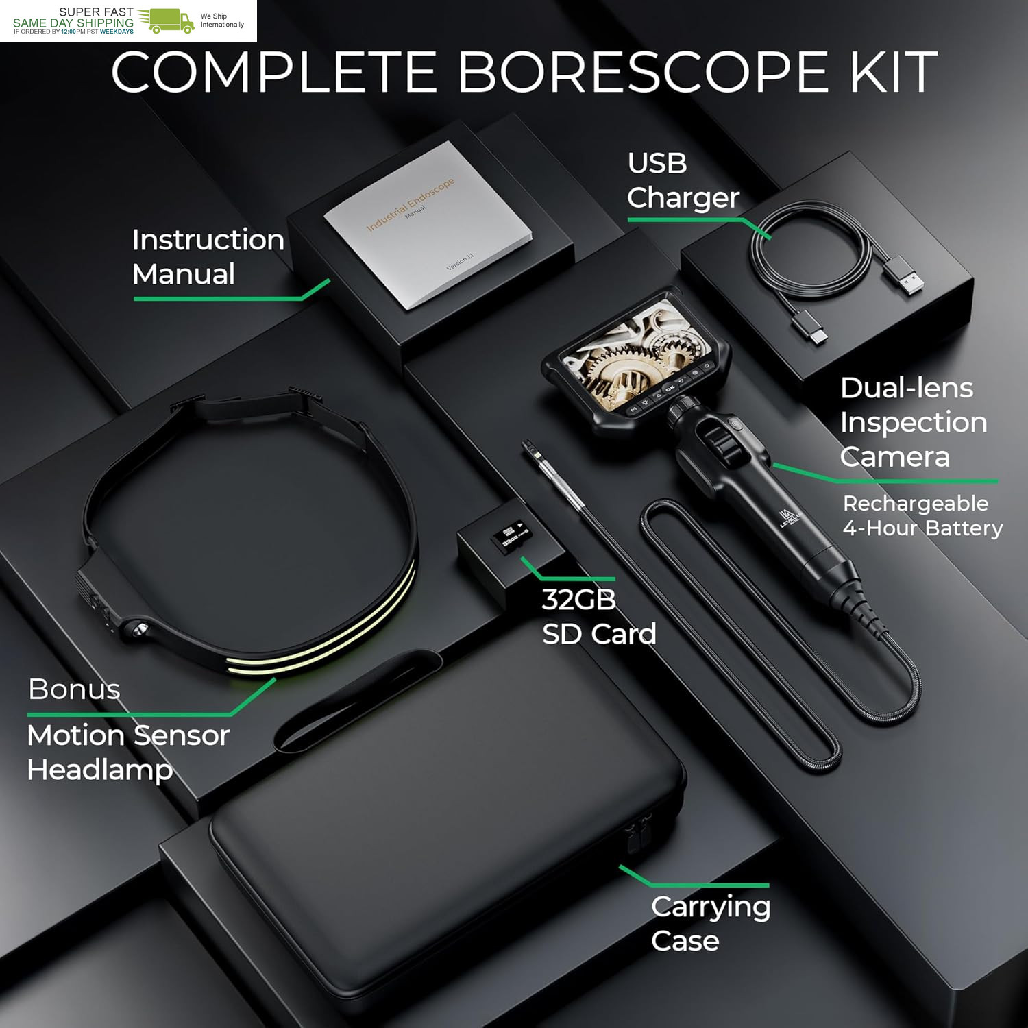 Two-Way Articulating Borescope 360°, Dual Lens Inspection Camera with Light, 6Mm