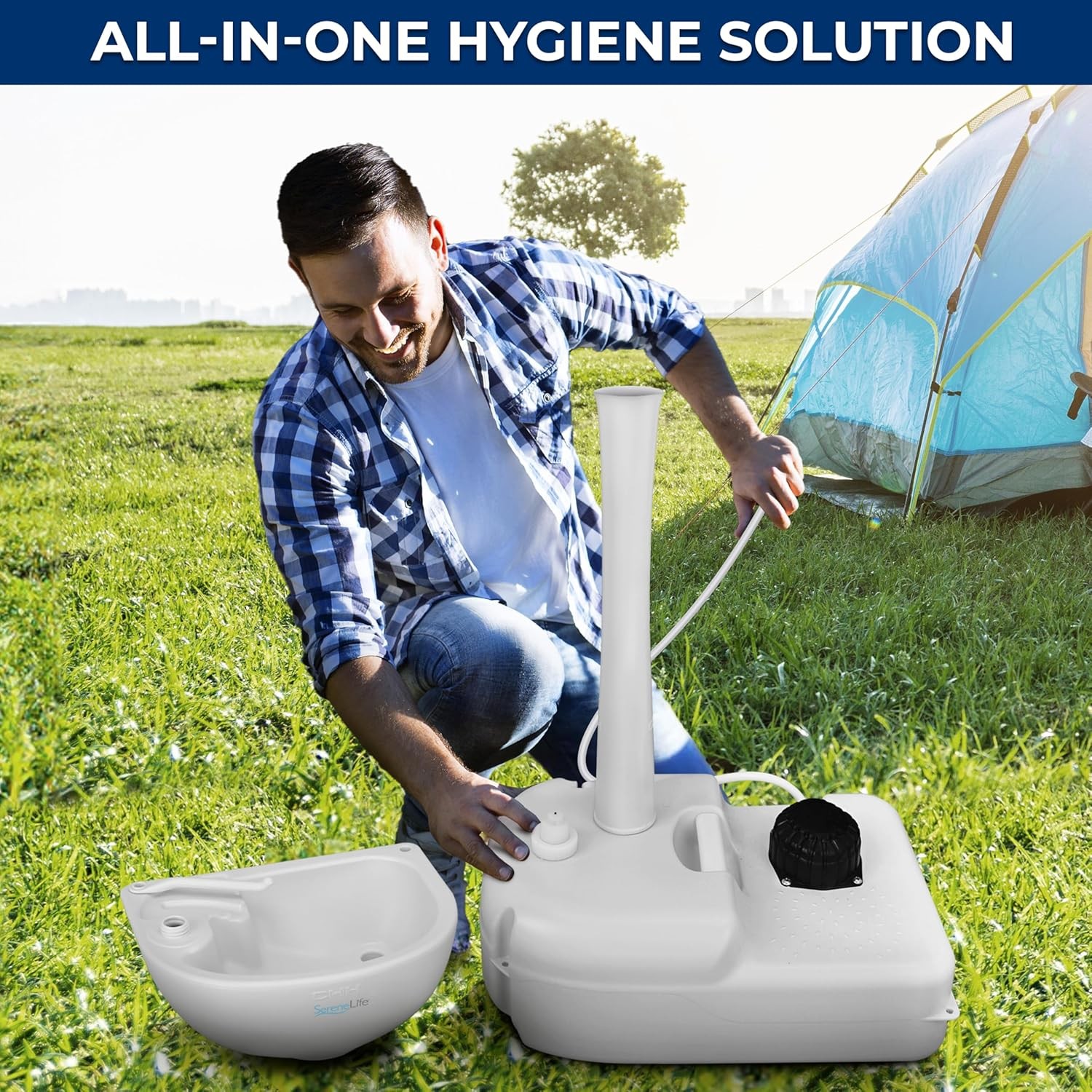 SereneLife Portable Camping Sink with 19L (5+ Gallon) Water Tank, 19L, White