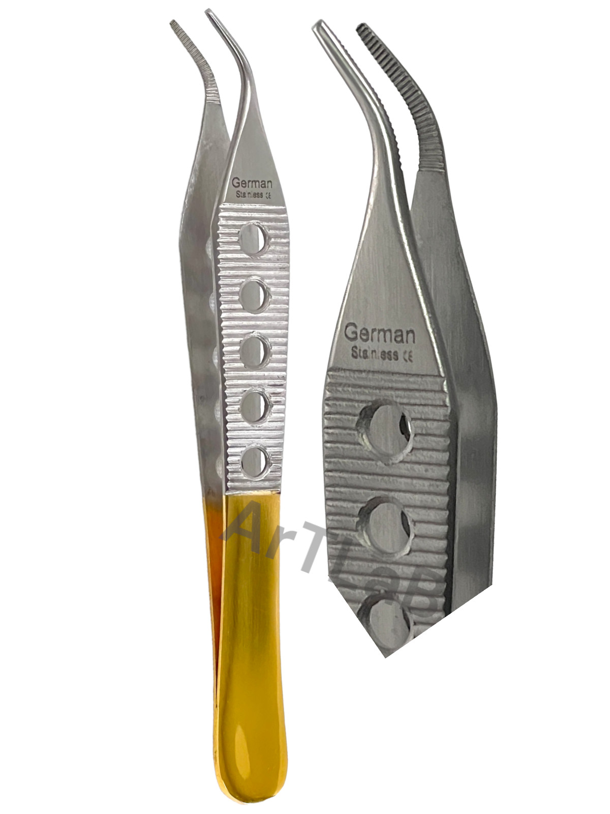 1 Ea | Adson Dressing Forceps 12cm Serrated Curved Tips, w/ Handle Holes – Gold