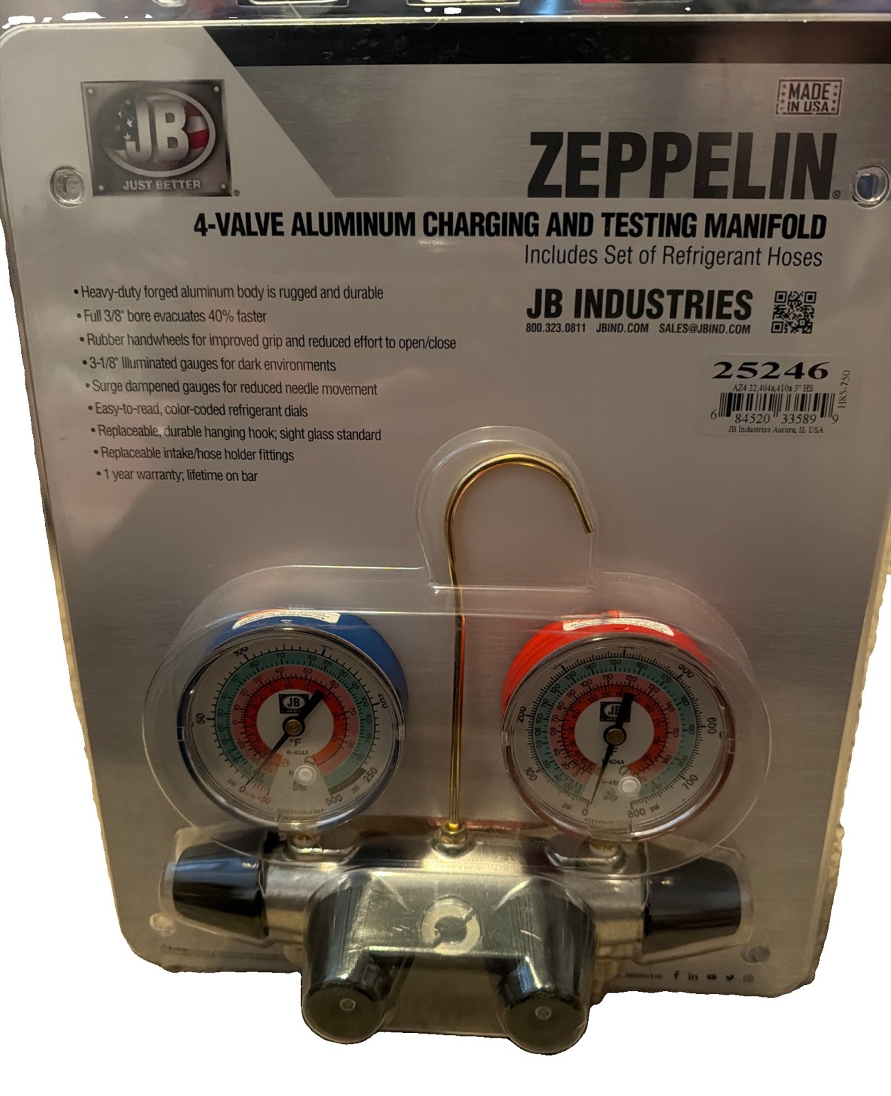 Jb Industries Zeppelin 25246 4-Valve Aluminum Charging & Testing Manifold Gauge