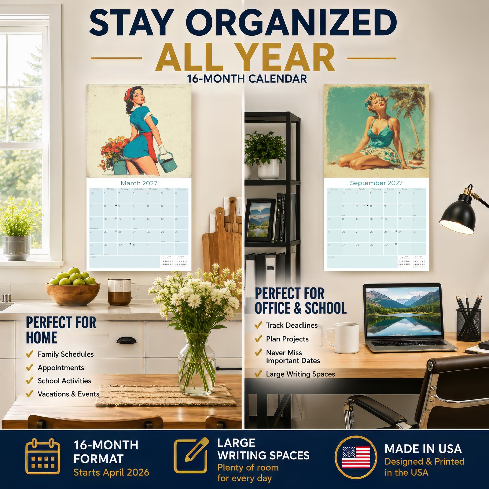 Classic Pin Up 2027 Wall Calendar with Bonus Months 12×12 Retro Art Gift Decor