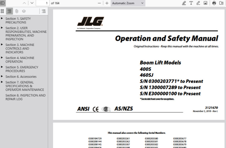 JLG 400S 460SJ Boom Lifts Service Repair Operators Manual Parts Catalog PDF USB