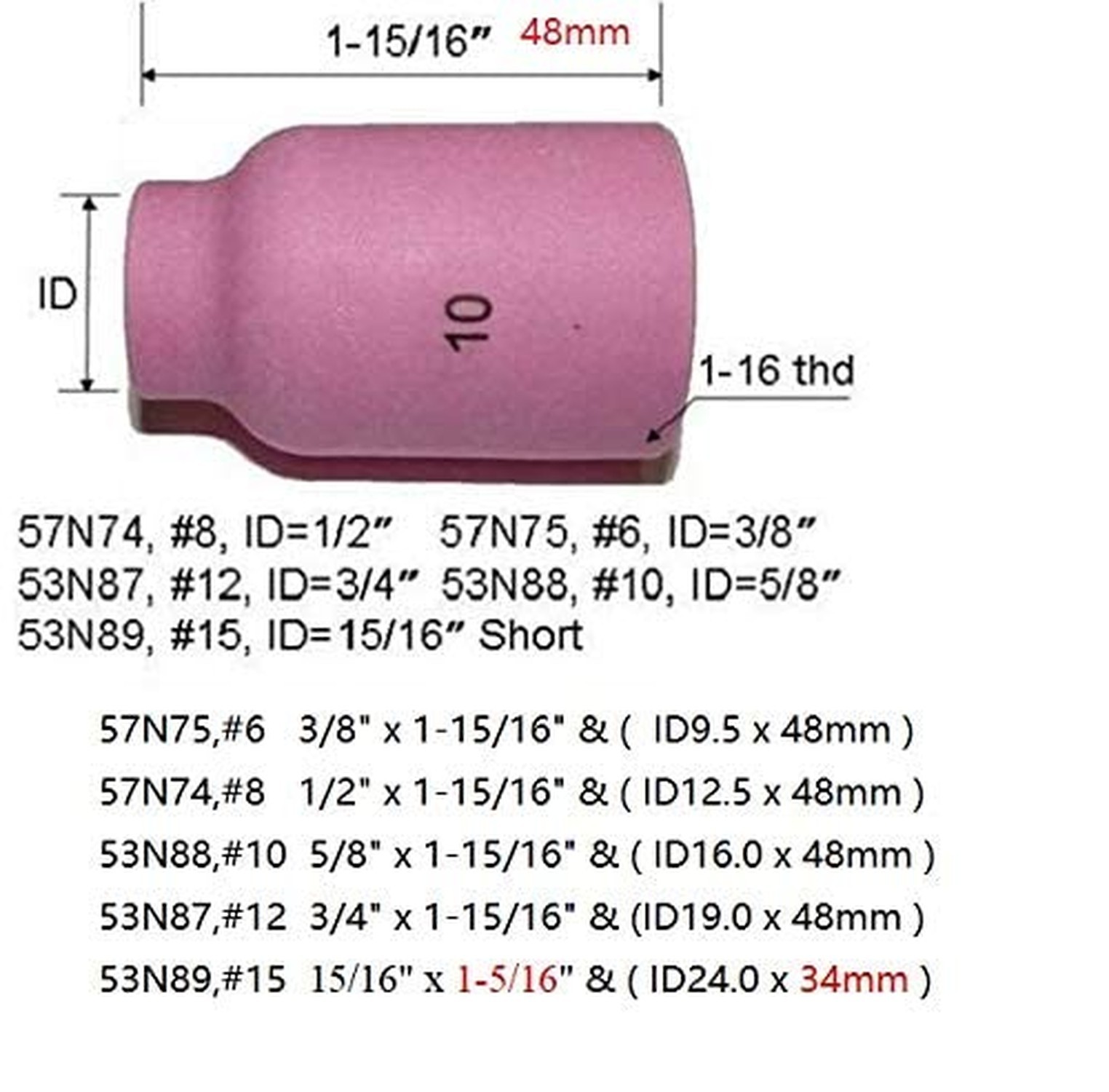 RIVERWELD TIG Gas Lens Alumina Nozzle Jumbo 53N88 10# 5/8″ 16.0mm 10pcs | Cer…
