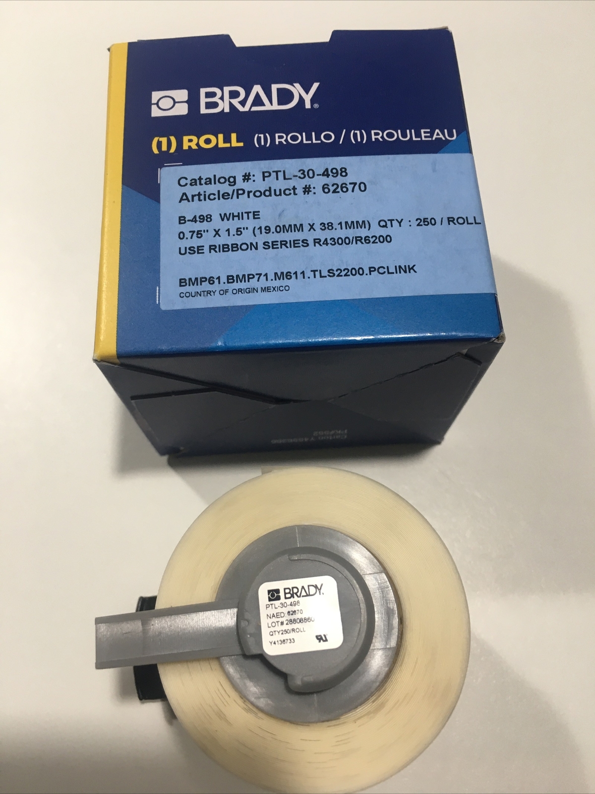 🇺🇸BRADY PTL-30-498 Label,White,Vinyl Cloth,1.5” X .75”. 250 Labels Per Roll.