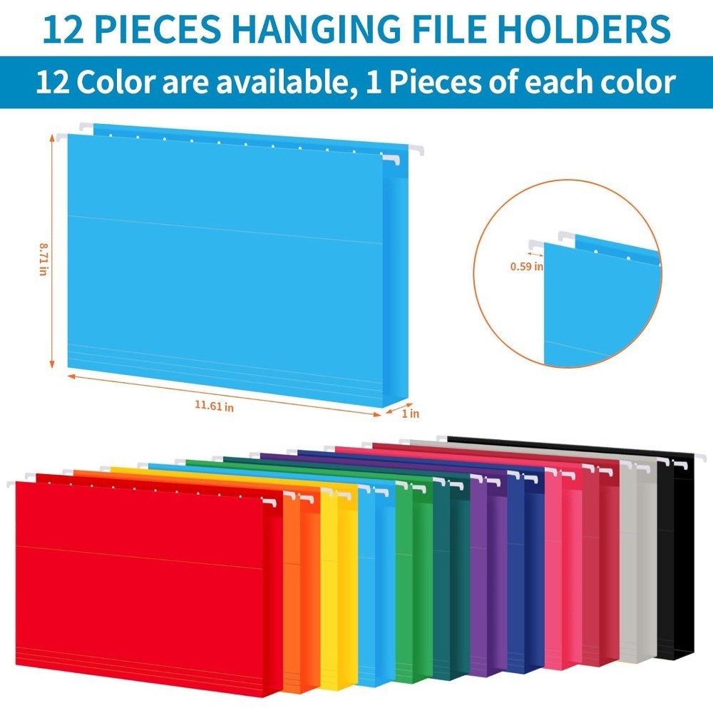 Hanging File Folders 12-Pack Letter Size, 1/5-Cut Adjustable Tabs, 12 Assorted