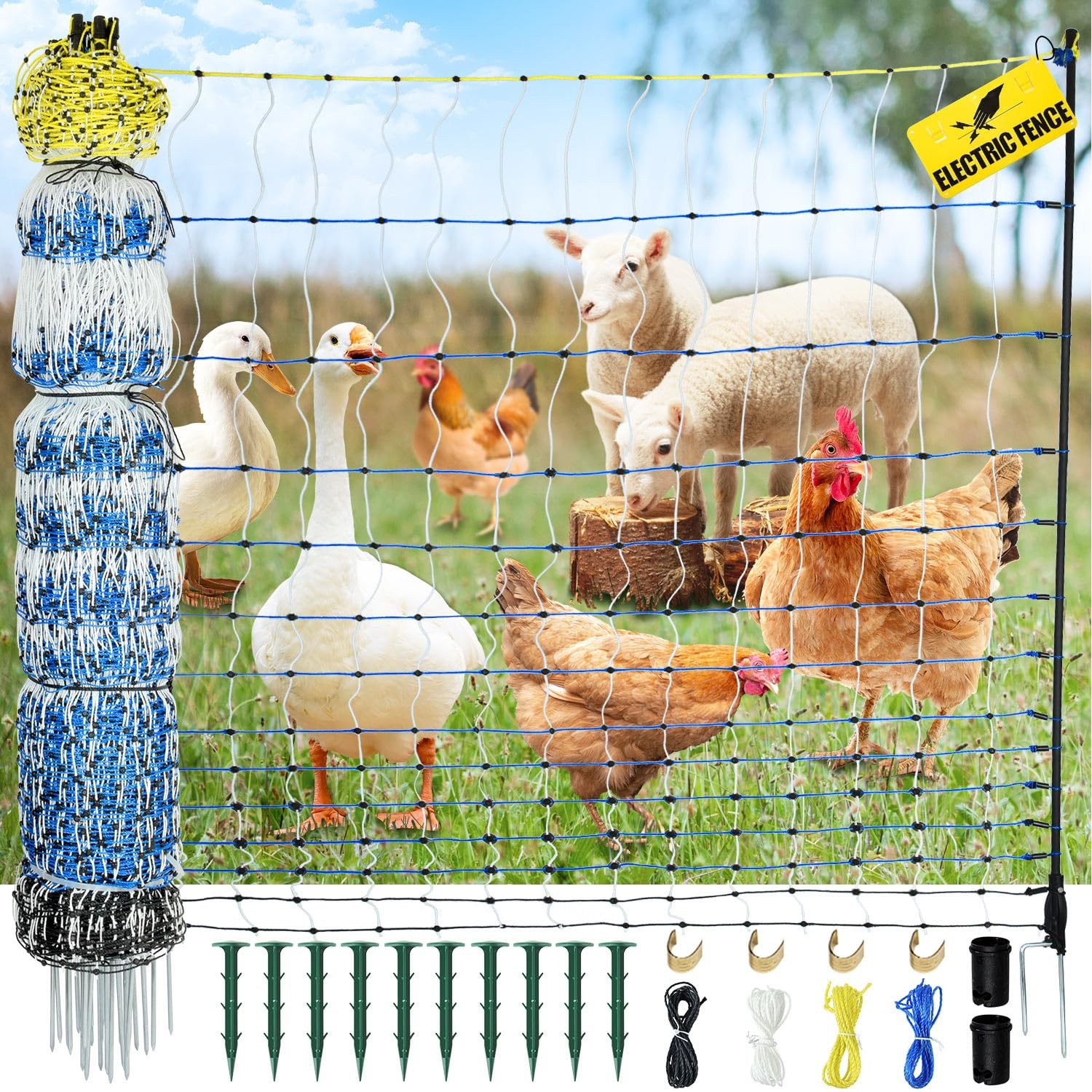 Portable Electric Netting Fence Kit Goats Fencing 35″H x 164’L with Posts Spikes