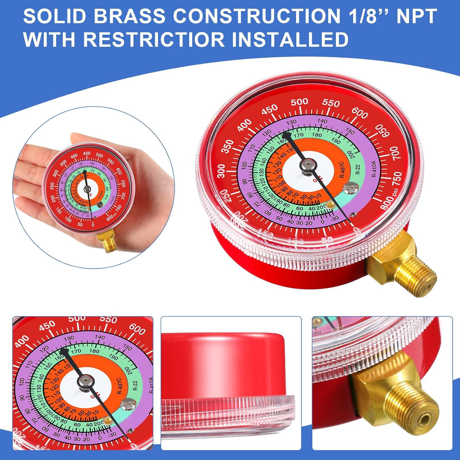 Refrigeration Pressure Gauge Kit R-134a, R-404a, R-2092, R-410a R-134a 0-800psi