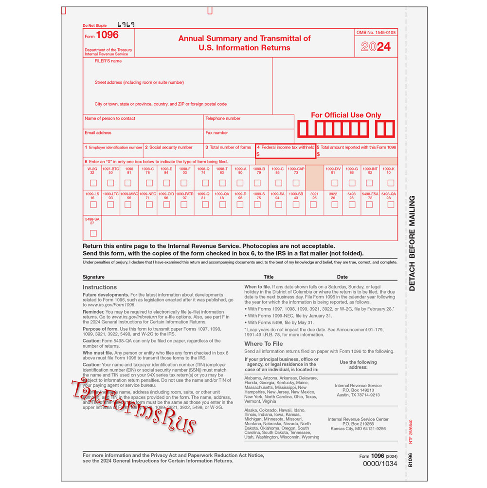 2024 IRS Tax Form 1099-NEC Laser 6 recipients+(1)1096 #NECS405 – 3UP 4pt NO Env