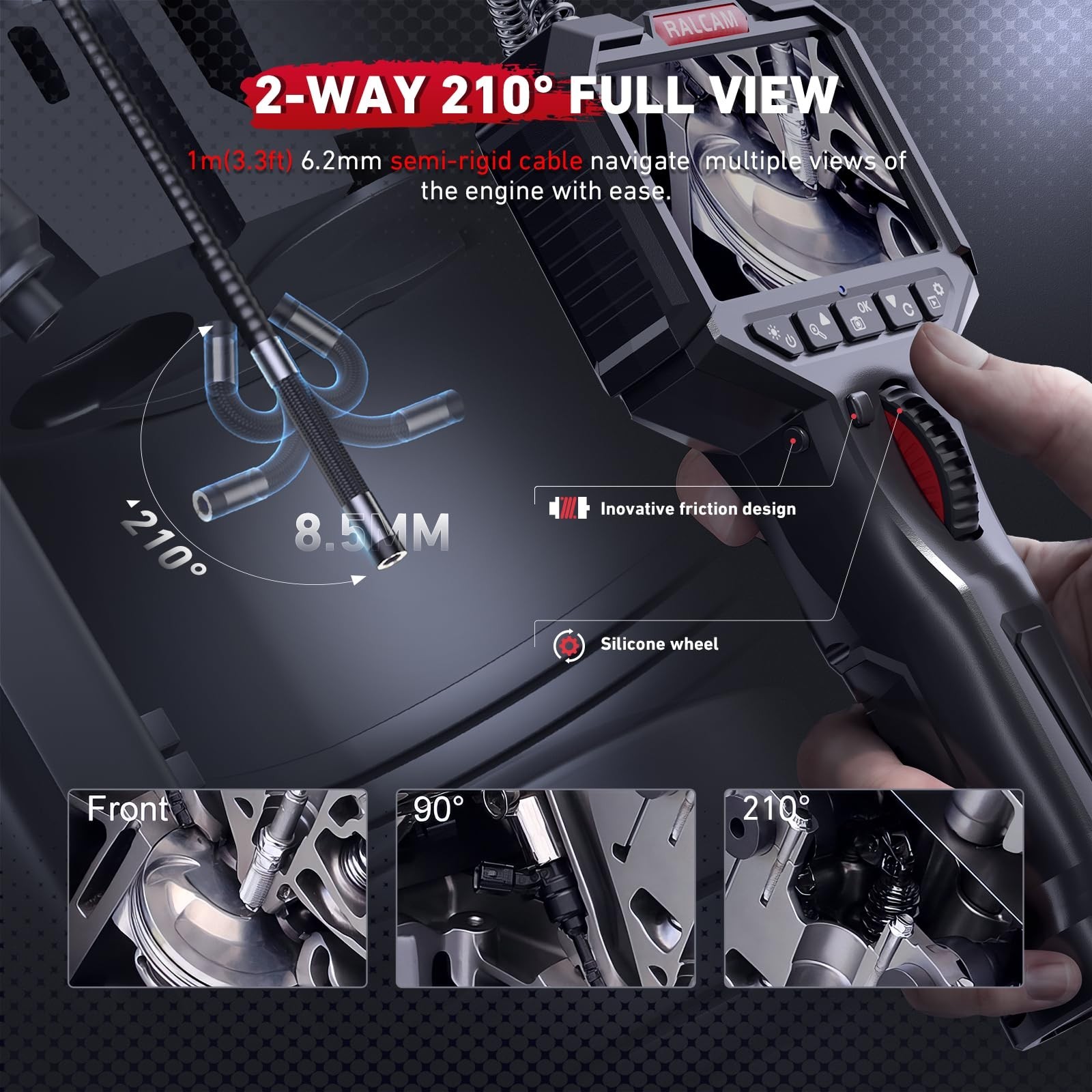 HD Two-Way Articulating Borescope Endoscope Camera with Light, 0.24in Probe, 3.3